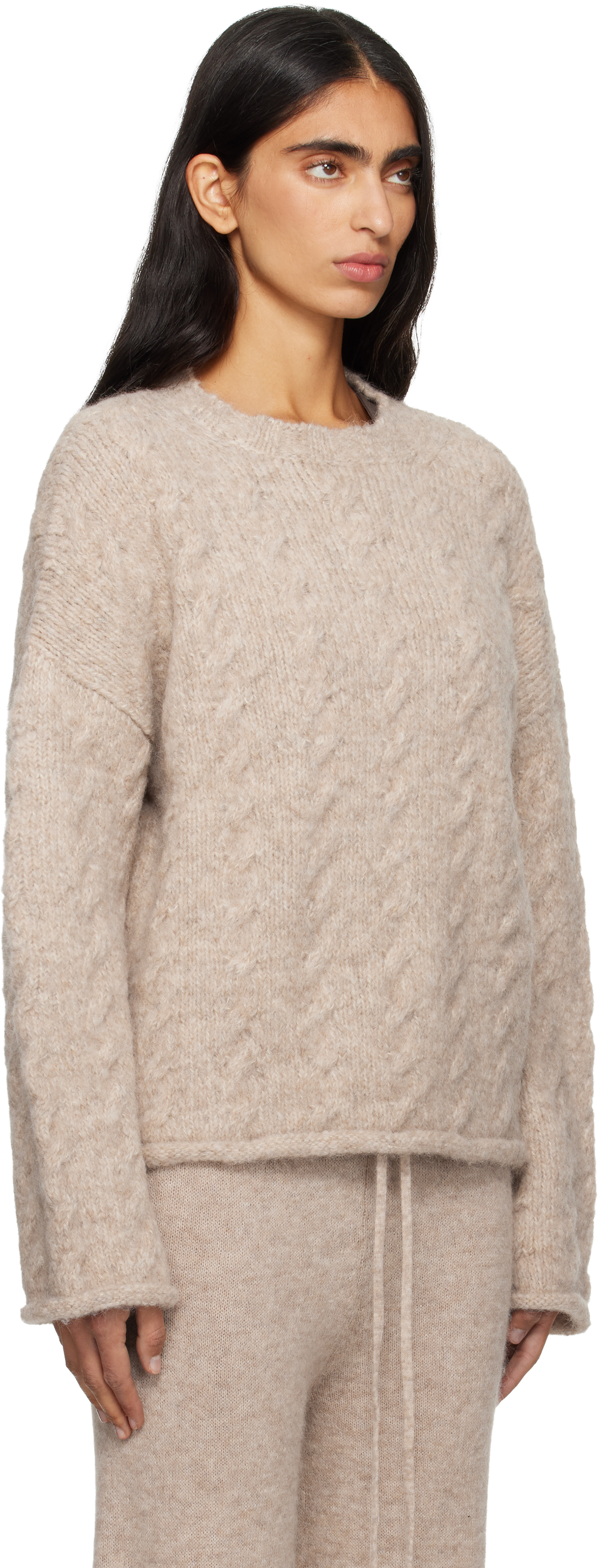 Lauren Manoogian Beige Cable Crewneck Sweater In Burgundy