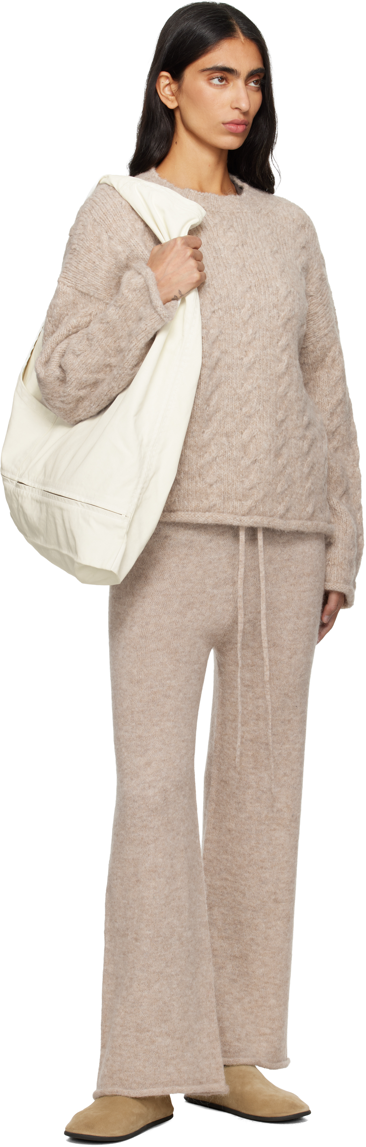 Lauren Manoogian Beige Cable Crewneck Sweater In Burgundy