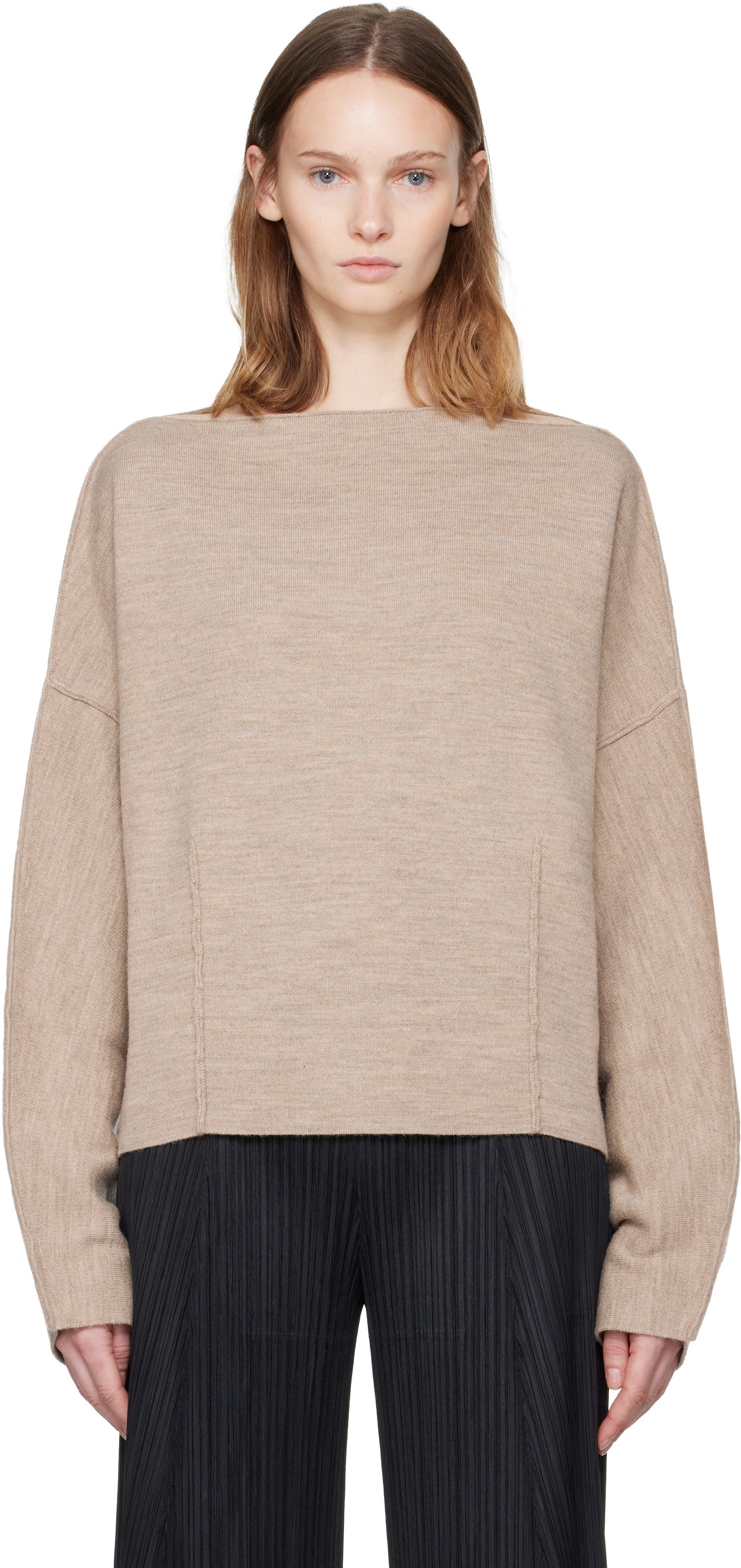 Lauren Manoogian Beige Double Knit Boatneck Sweater In Brown