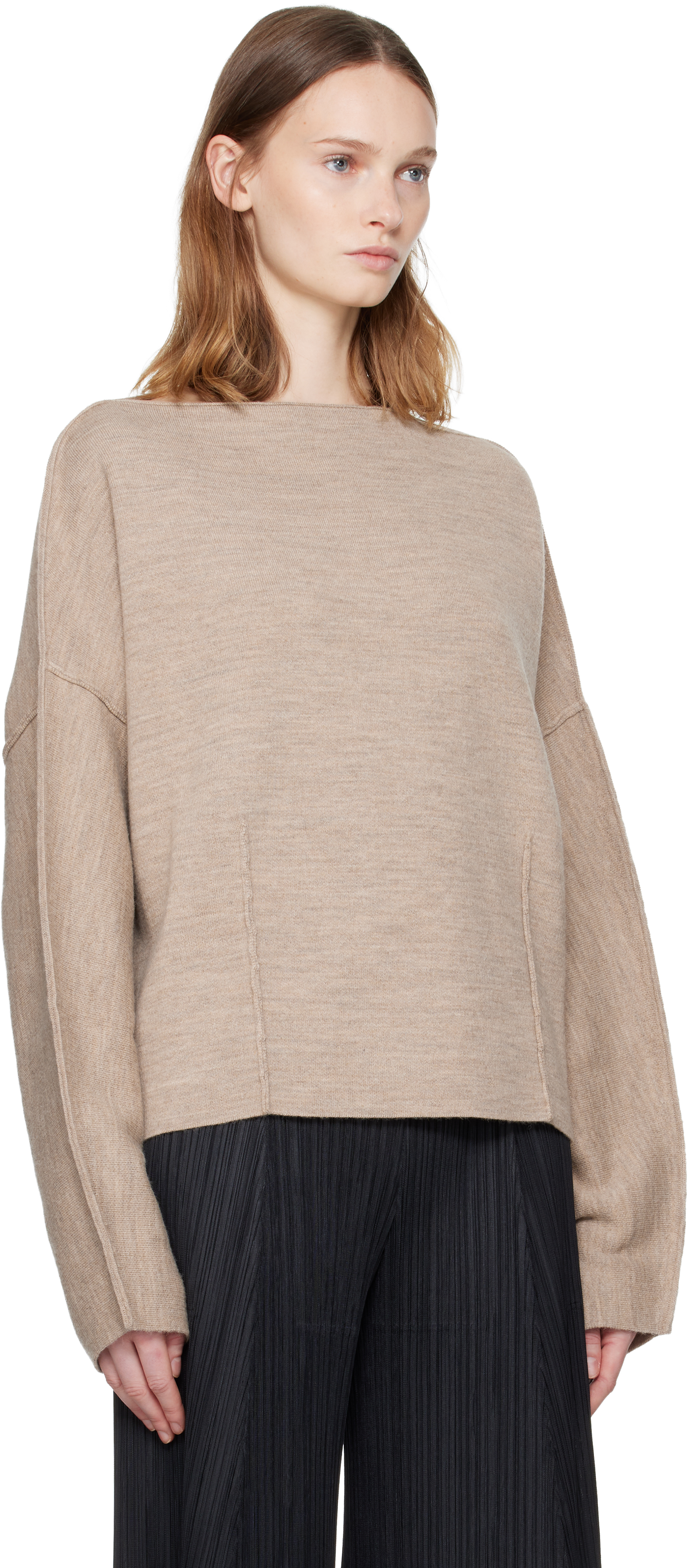 Lauren Manoogian Beige Double Knit Boatneck Sweater In Brown
