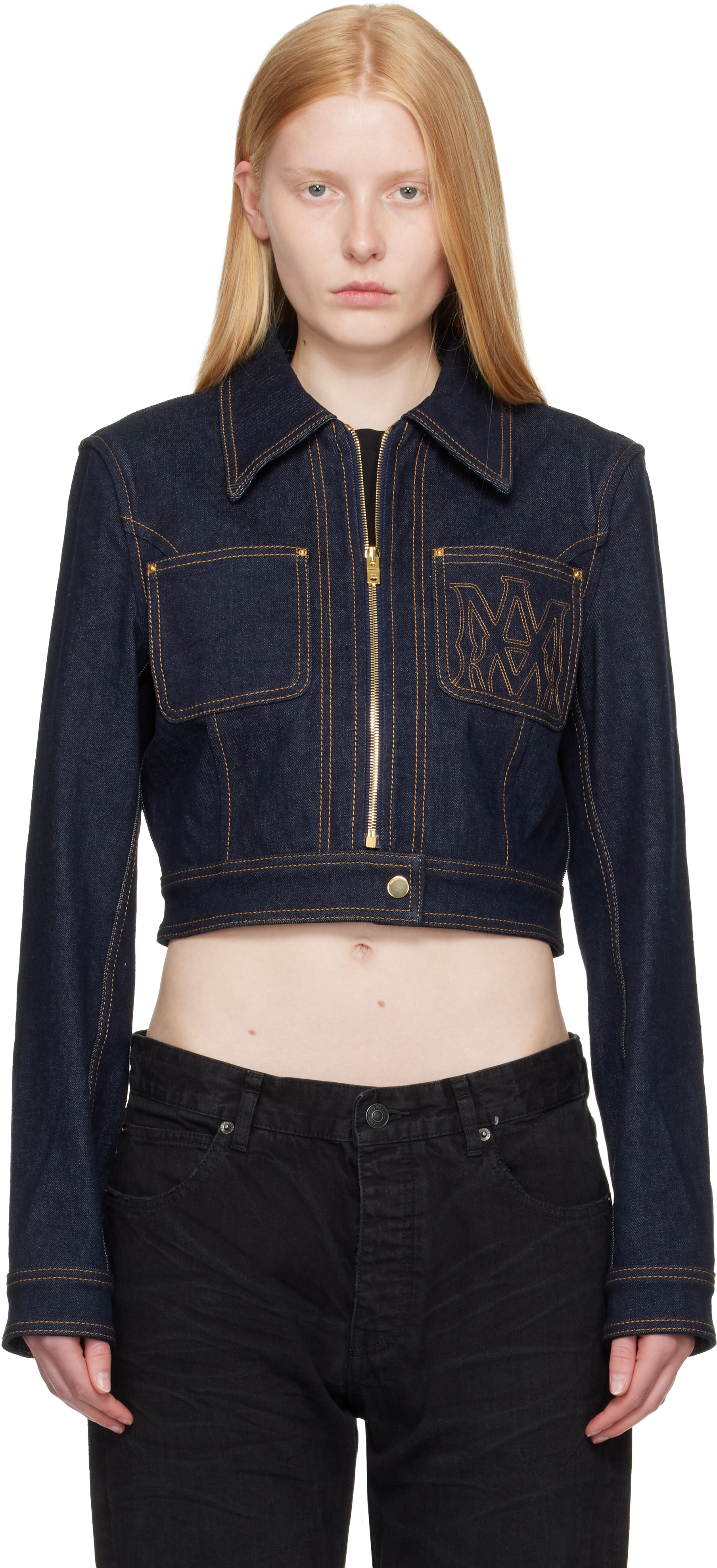 AMIRI NAVY ZIP UP CROPPED DENIM JACKET