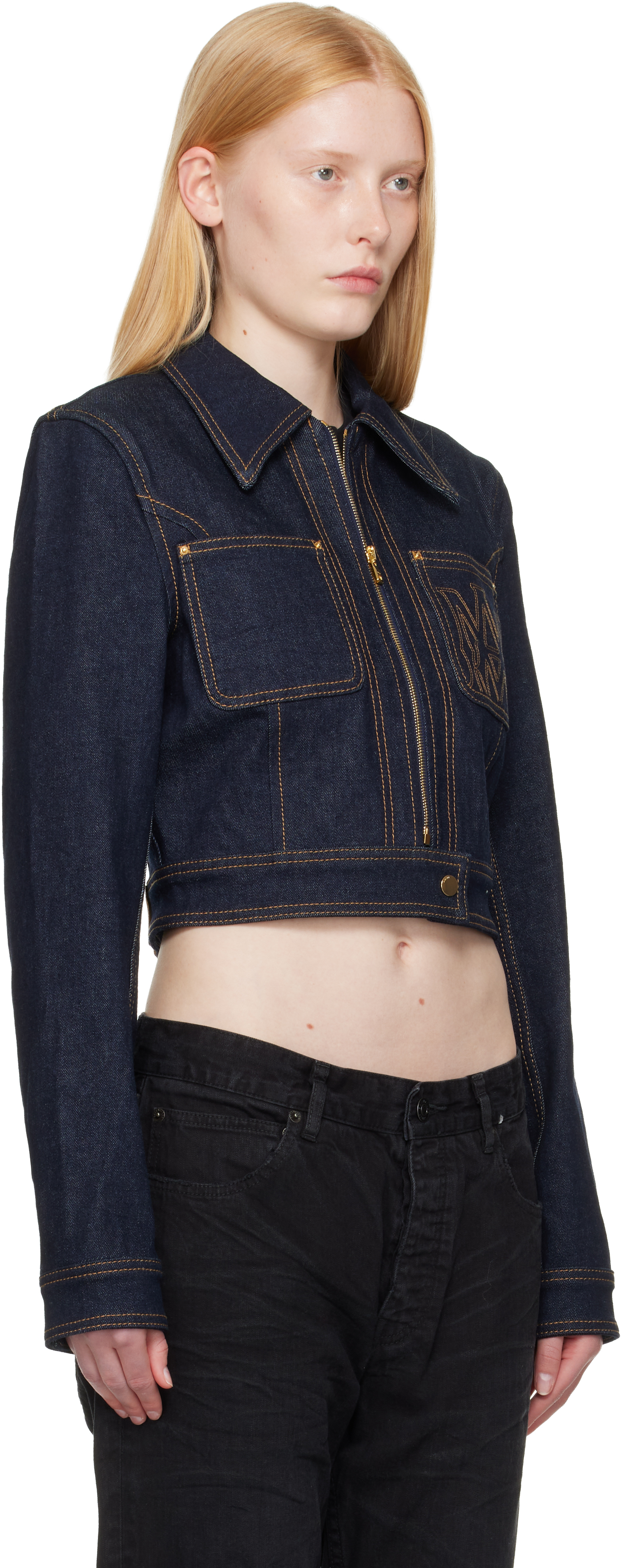 AMIRI NAVY ZIP UP CROPPED DENIM JACKET