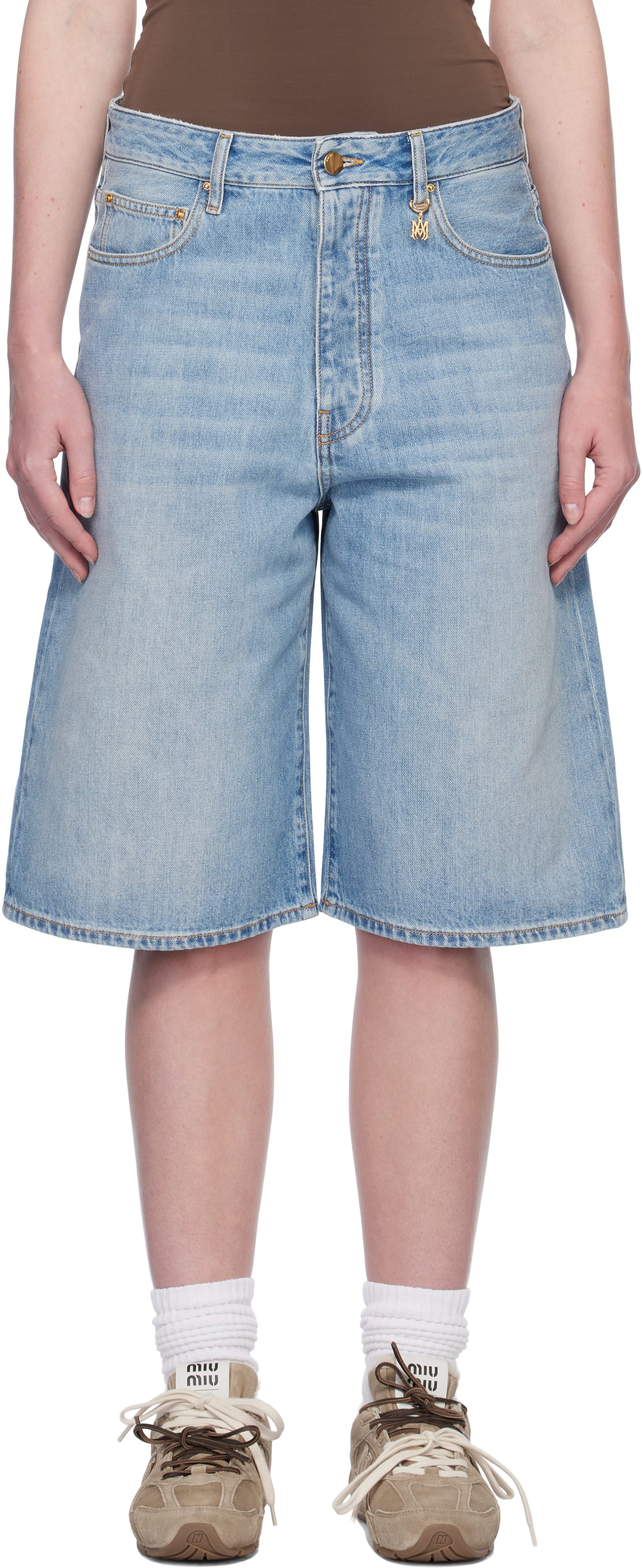 Shop Amiri Blue Faded Denim Shorts