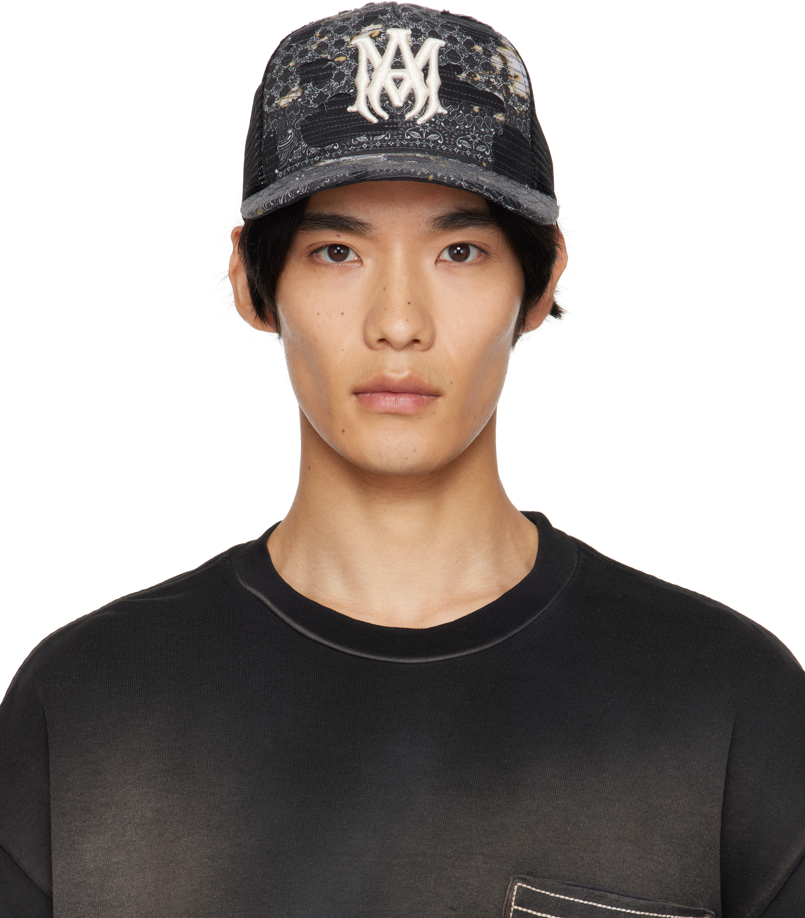AMIRI ブラック トラッカーキャップ　アメリカ製 AMIRI: ブラック Bandana Repair トラッカーキャップ | SSENSE 日本