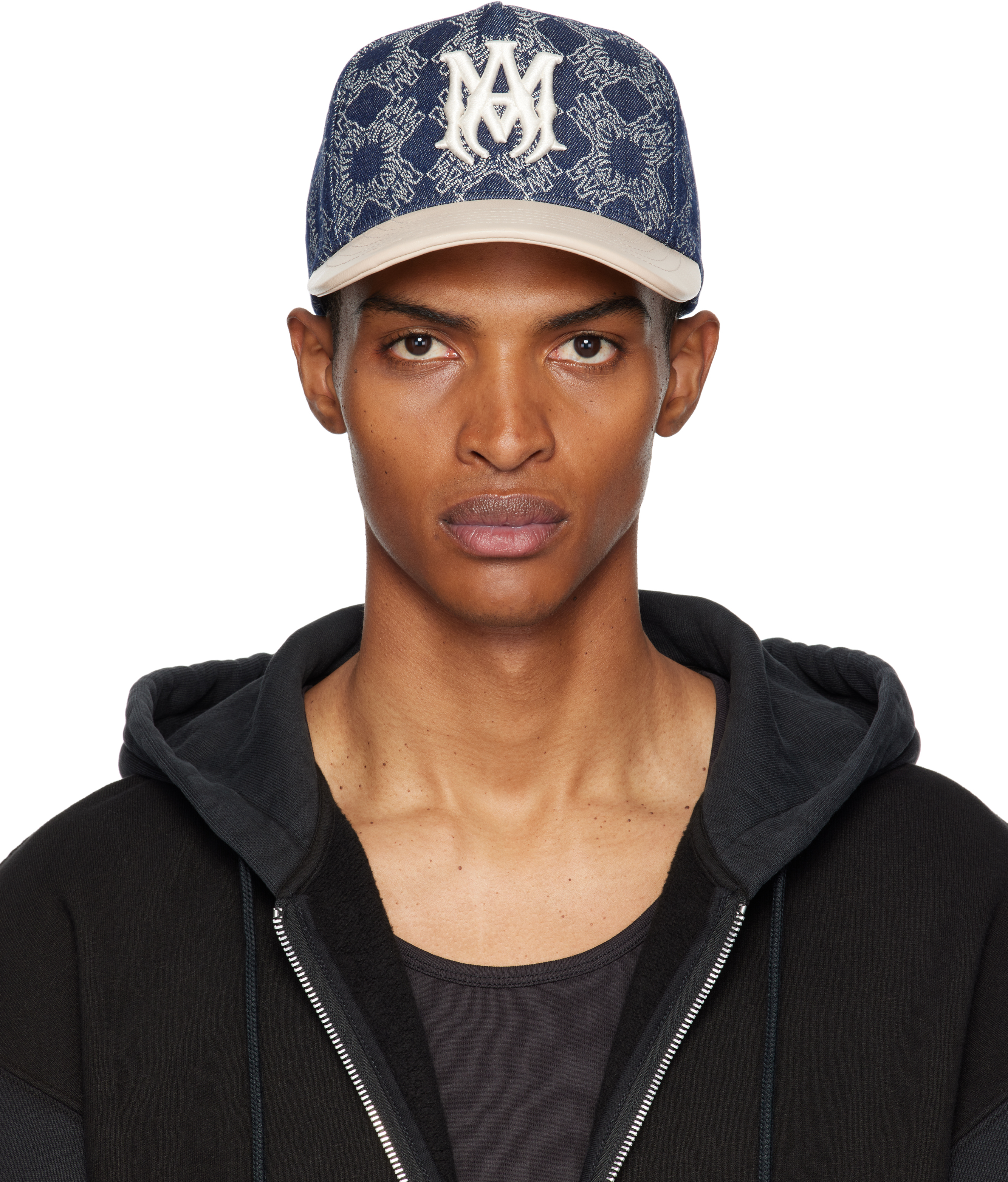 Navy & Beige MA Leather Brim Denim Cap