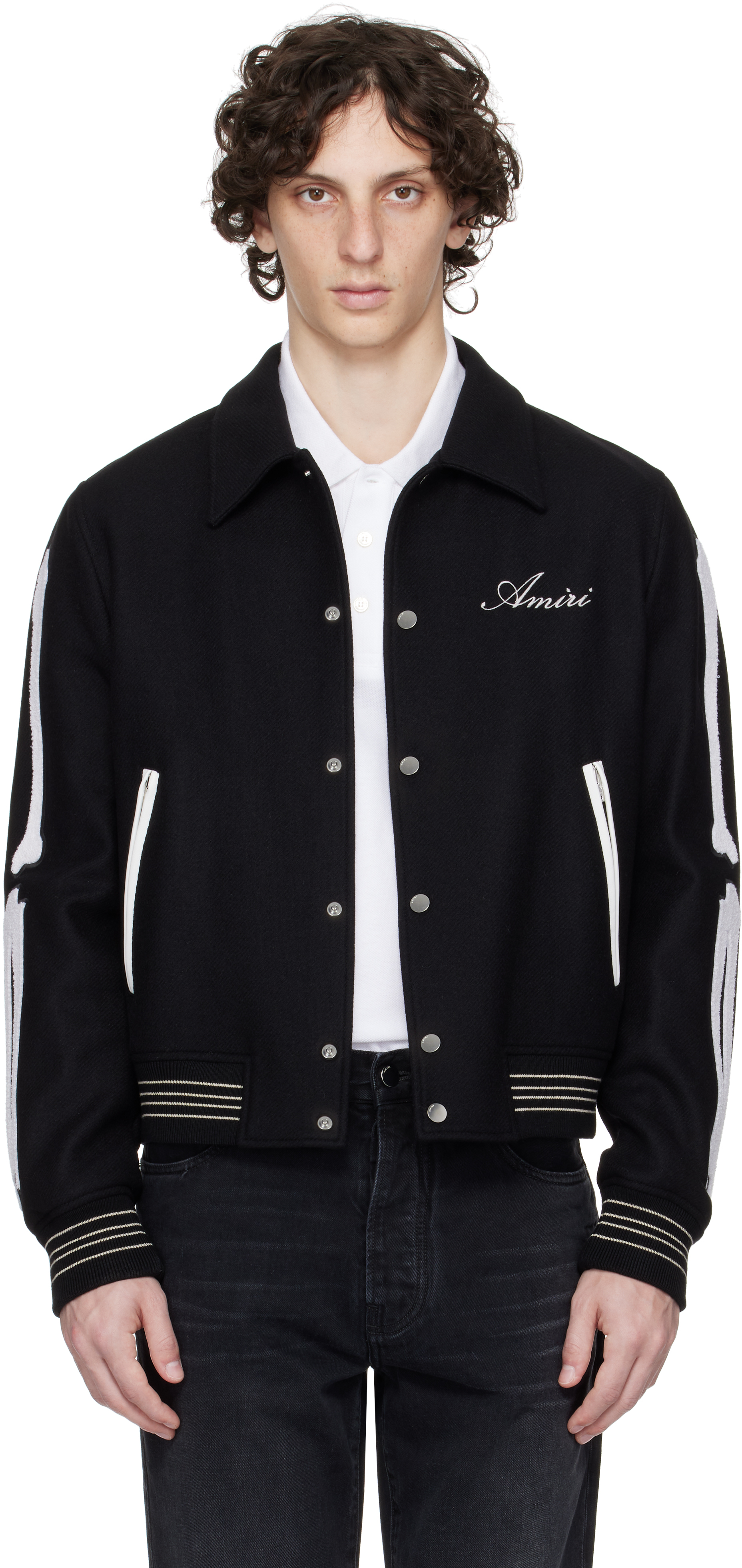 Amiri Twill Wool Bones Bomber Jacket With Patches