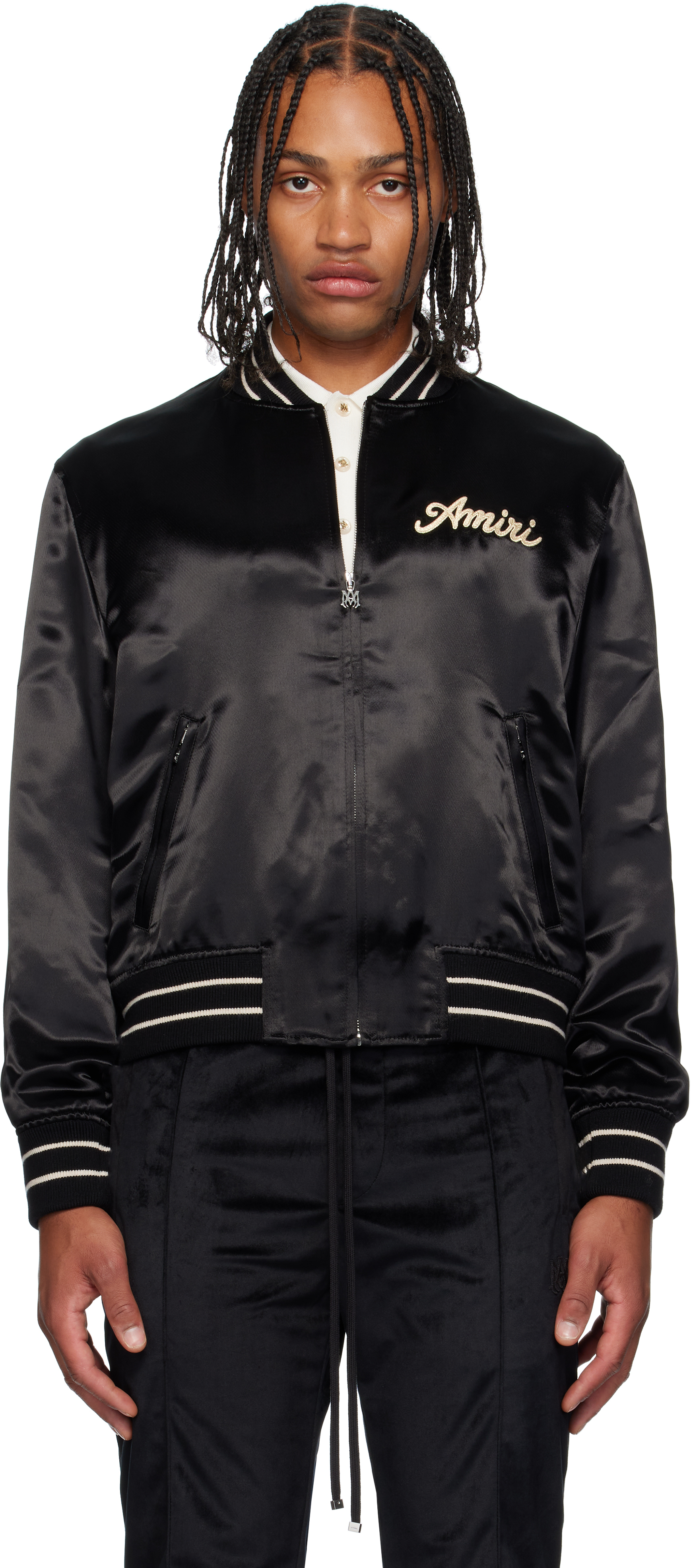 アミリ　AMIRI サテンアップジャケット AMIRI: ブラック 'Club Amiri' サテン ボンバージャケット