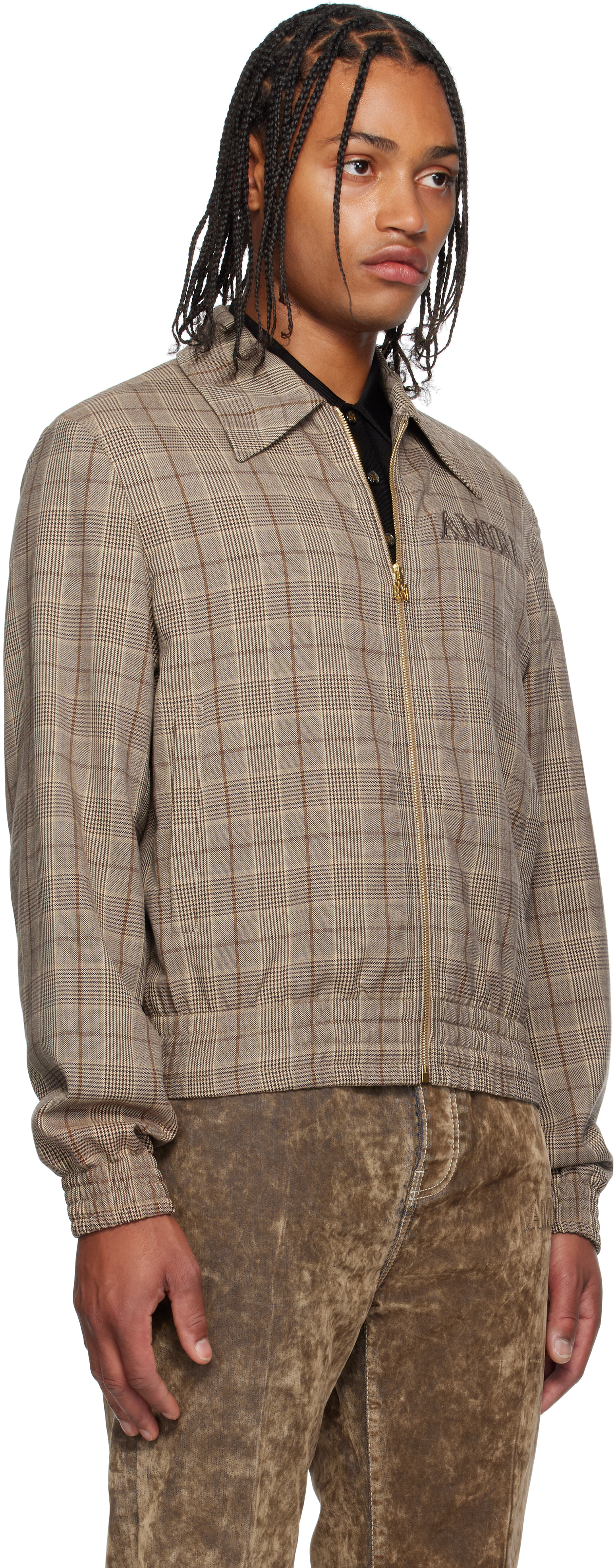 Amiri Check-pattern Embroidered-logo Jacket In Brown