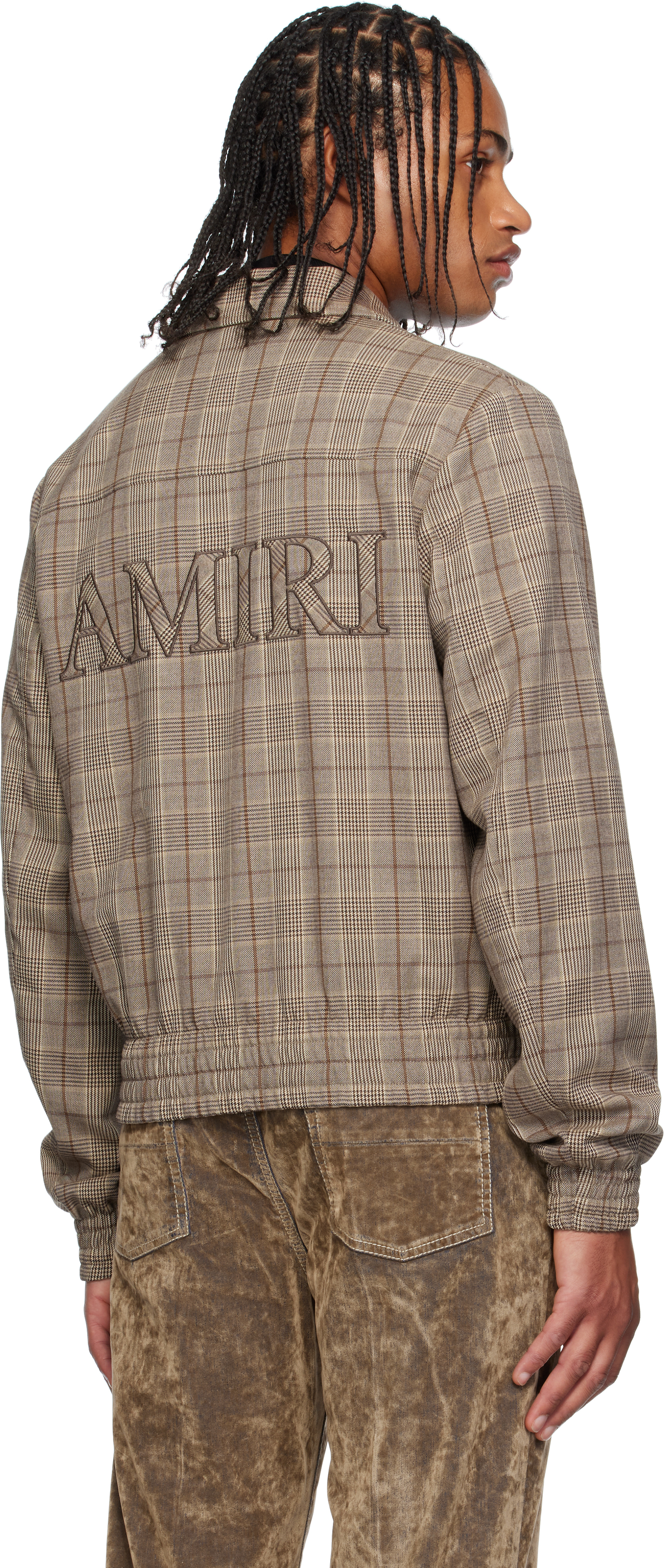 Amiri Check-pattern Embroidered-logo Jacket In Brown