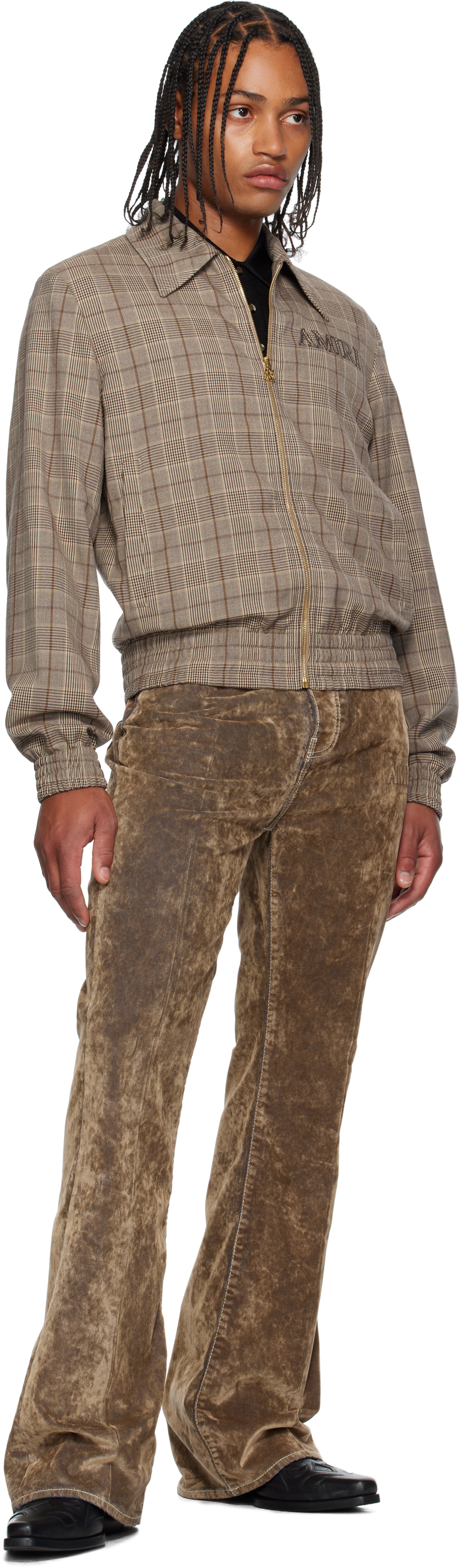 Amiri Check-pattern Embroidered-logo Jacket In Brown