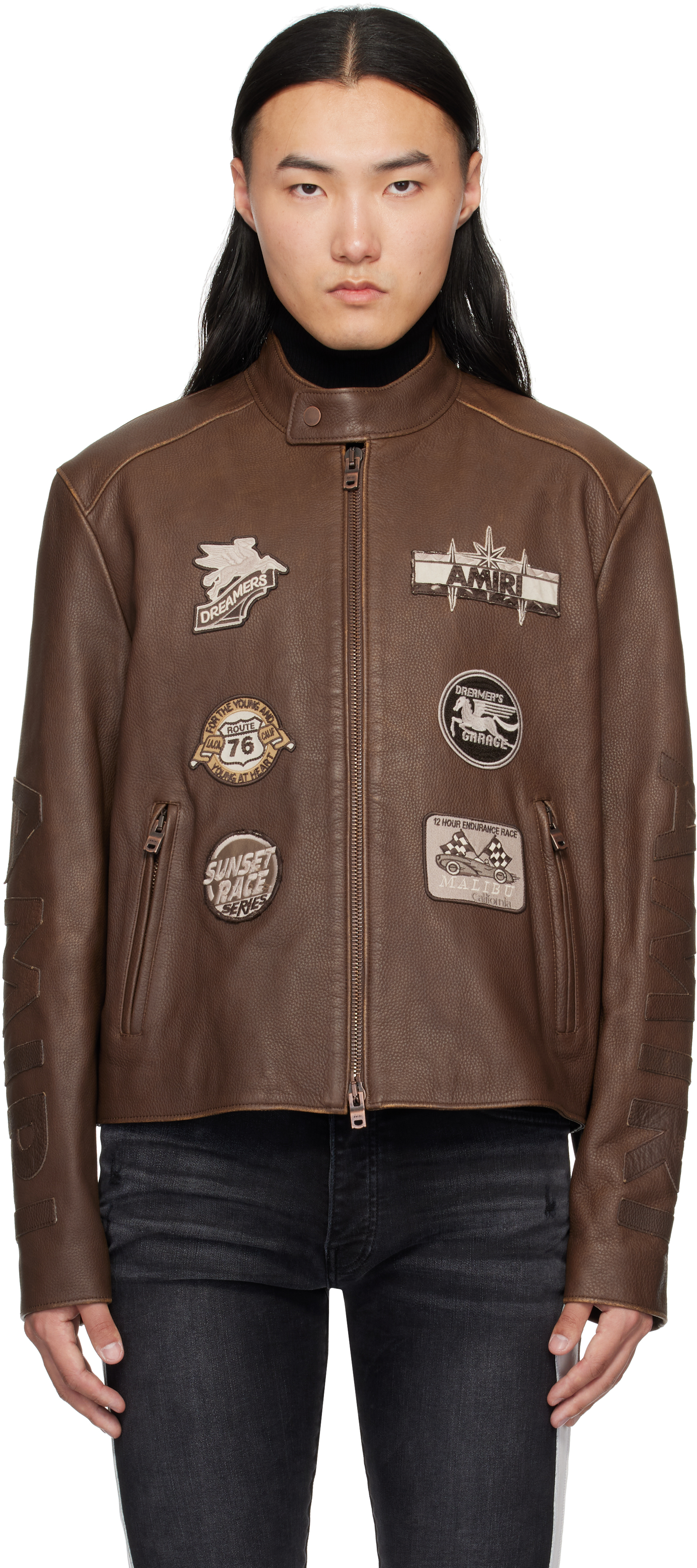 Brown 'AMIRI' Patch Racer Leather Jacket