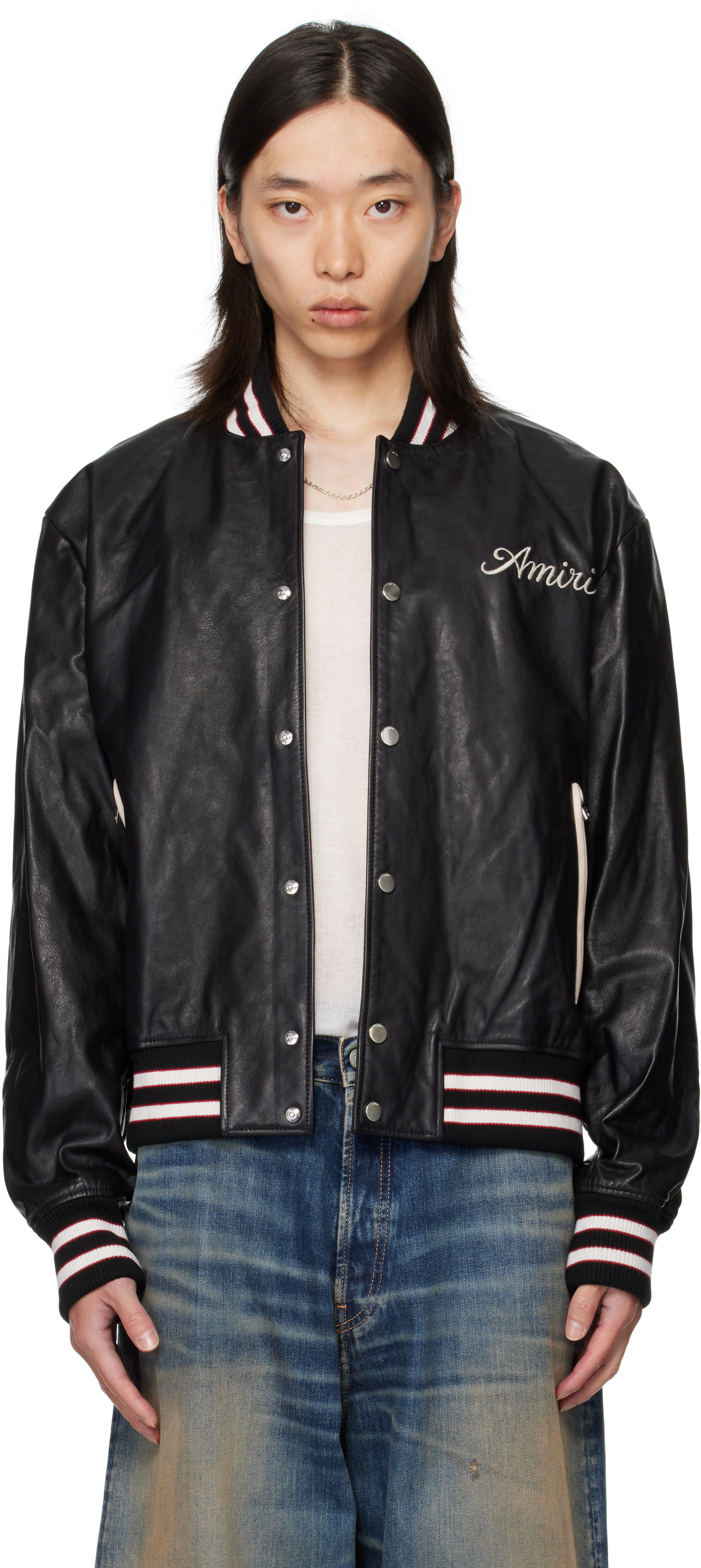 Amiri Black 'club ' Leather Varsity Jacket