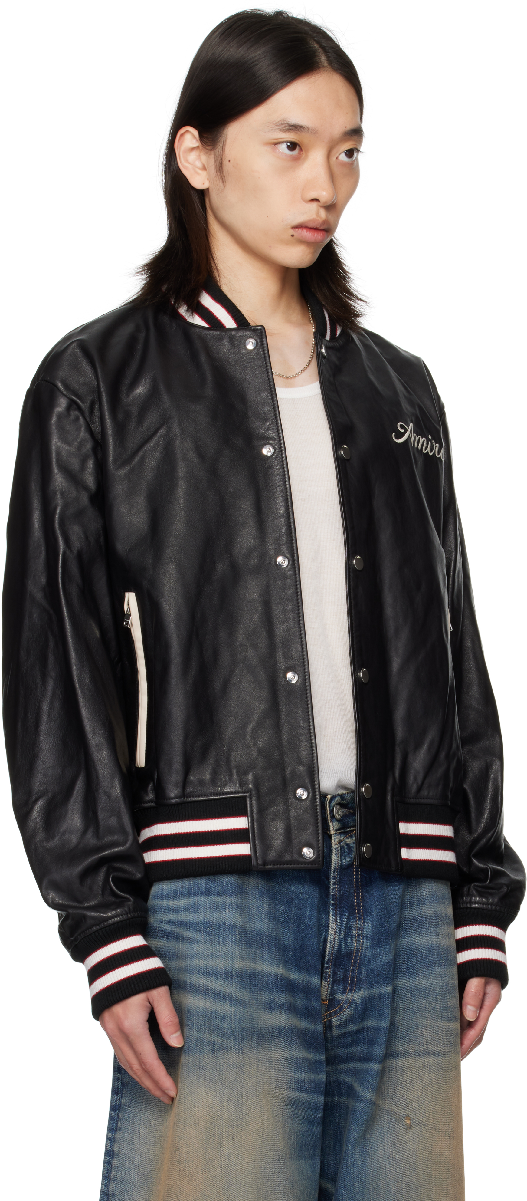 Amiri Black 'club ' Leather Varsity Jacket In Black