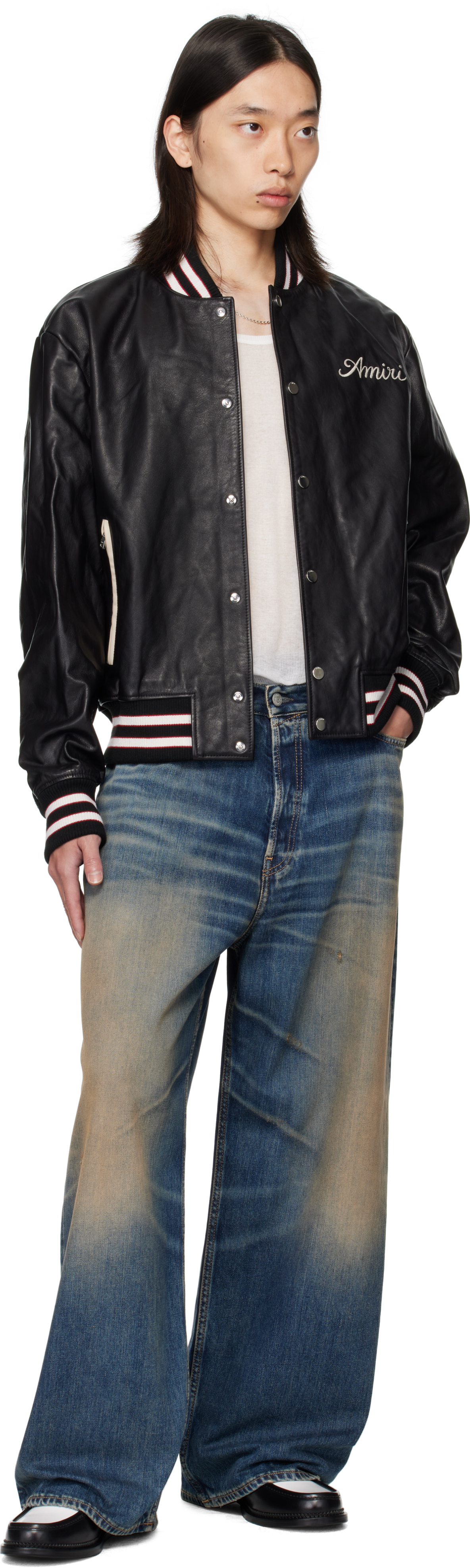 Amiri Black 'club ' Leather Varsity Jacket In Black