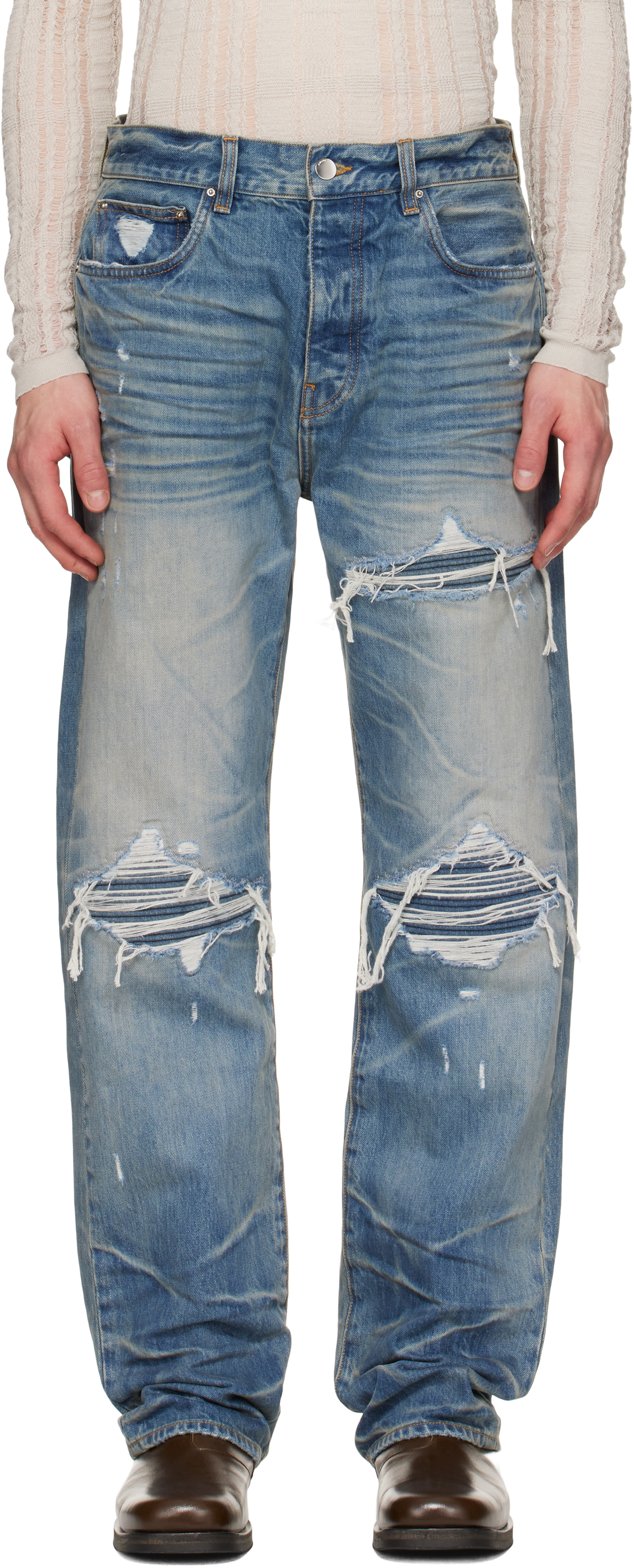 Jean Homme Amiri MX1 Avec Genouillères En Cuir - Bleu Détressé, Taille 34, Slim Fit