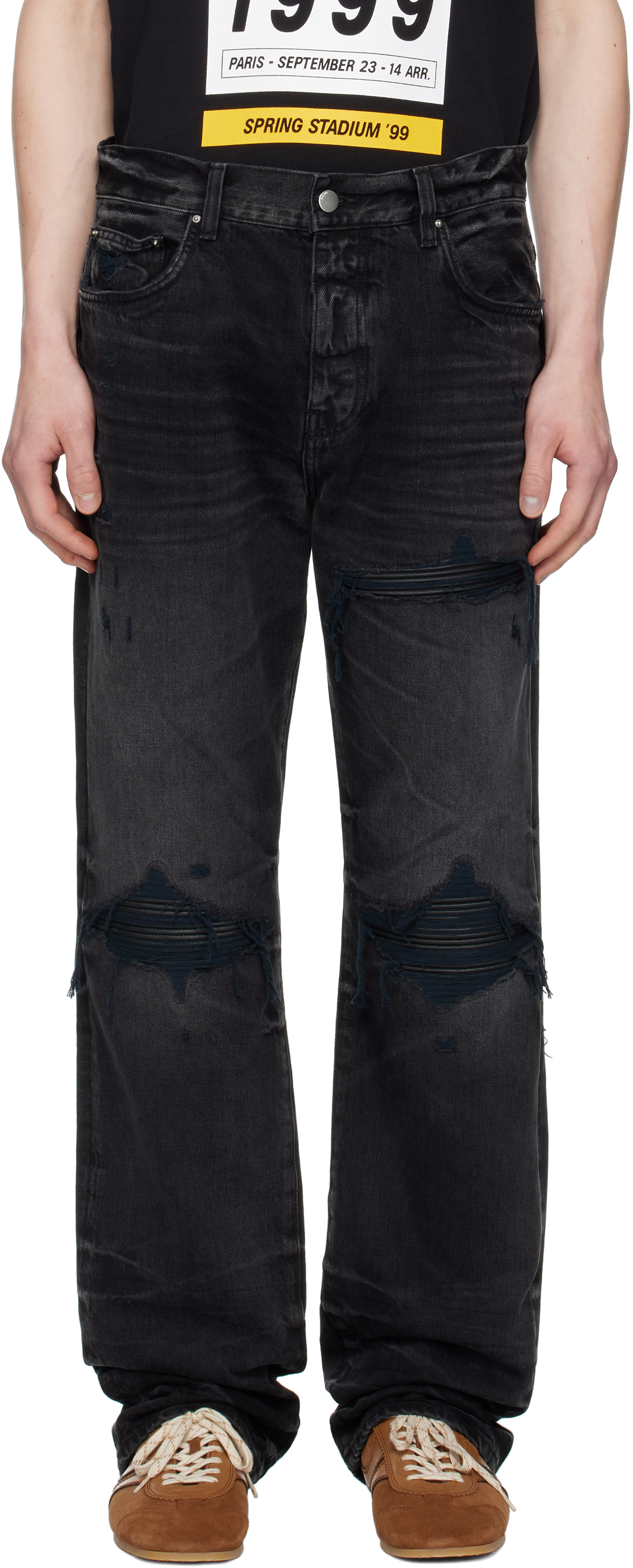 Black Leather Straight MX1 Jeans by AMIRI on Sale