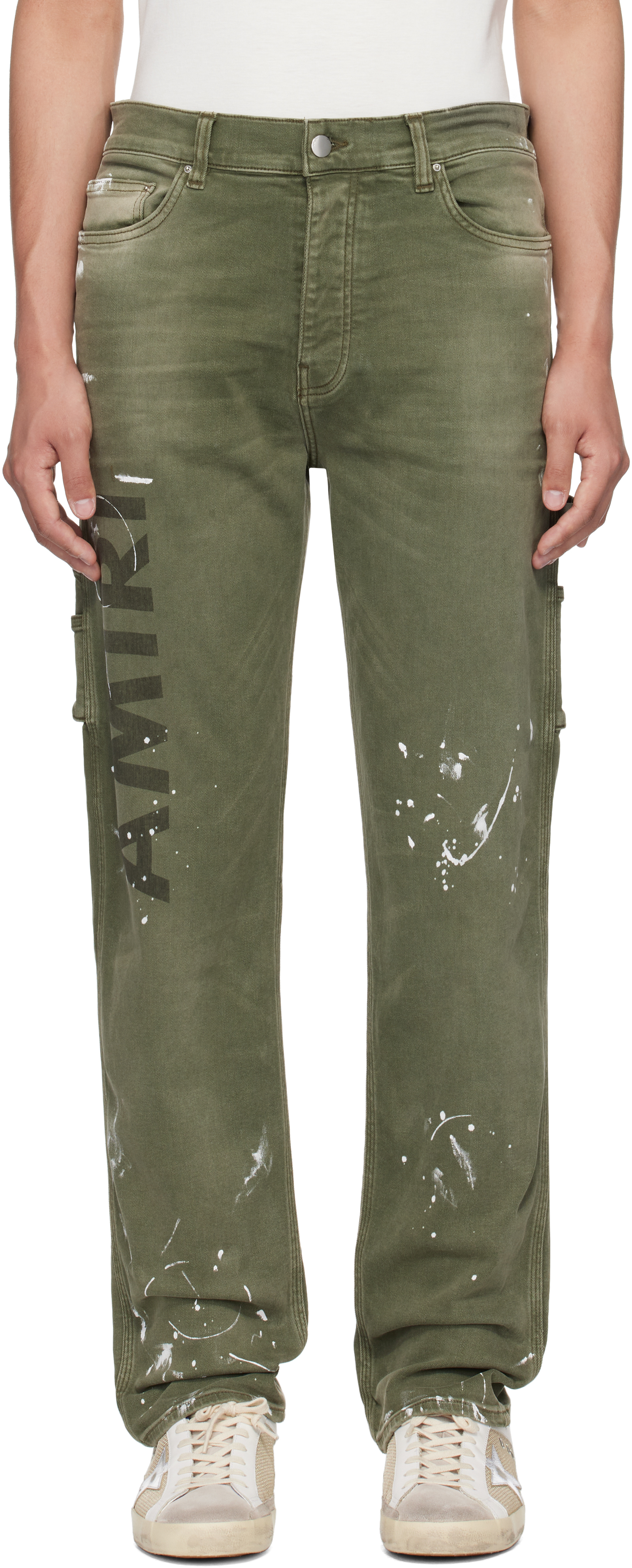 AMIRI: Khaki Army Logo Painted Slim Workman Jeans SSENSE