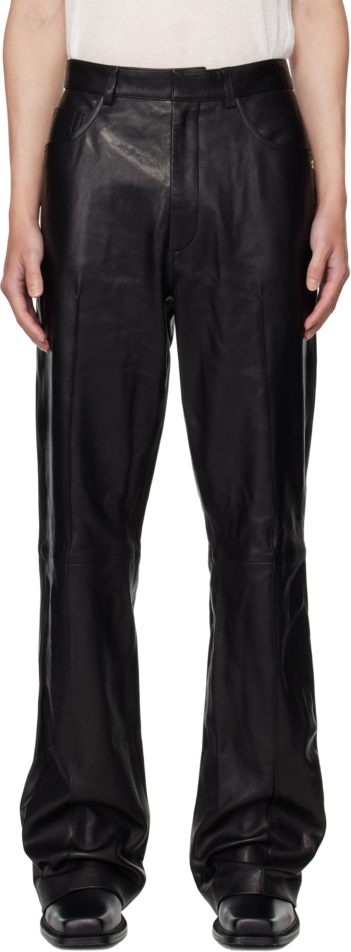AMIRI BOOTLEG TROUSER レザーニットパンツ サイズ38 AMIRI Leather Bootcut Trousers | Black | FARFETCH