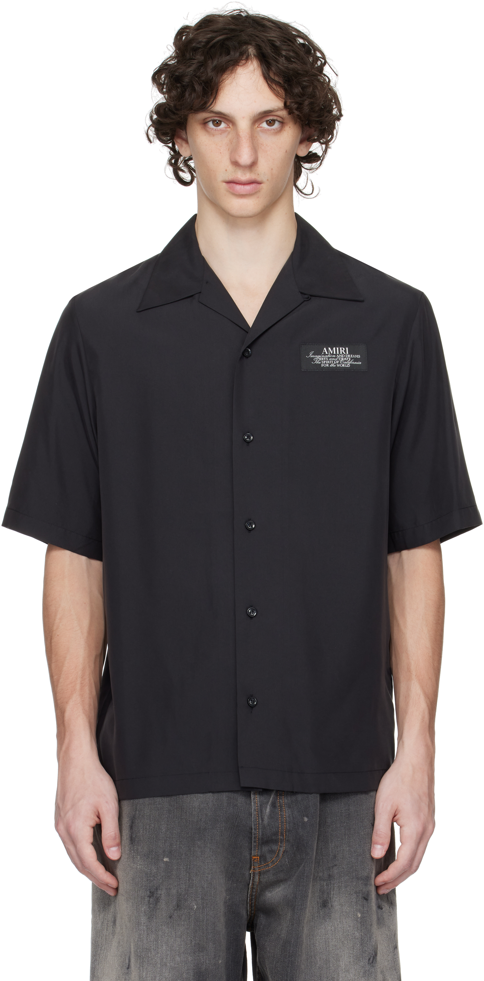 Amiri Mens Black Spirit Logo-patch Woven Bowling Shirt In Black
