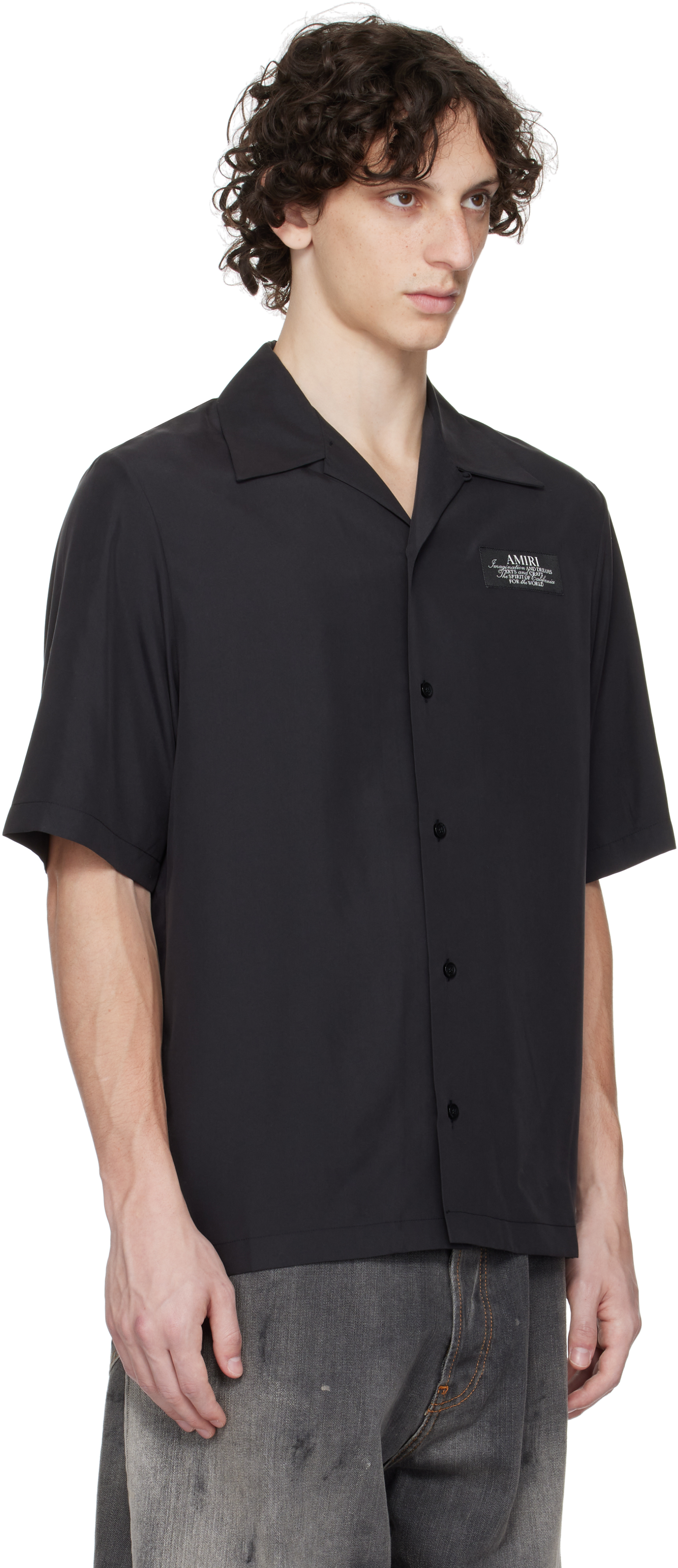 Amiri Mens Black Spirit Logo-patch Woven Bowling Shirt In Black