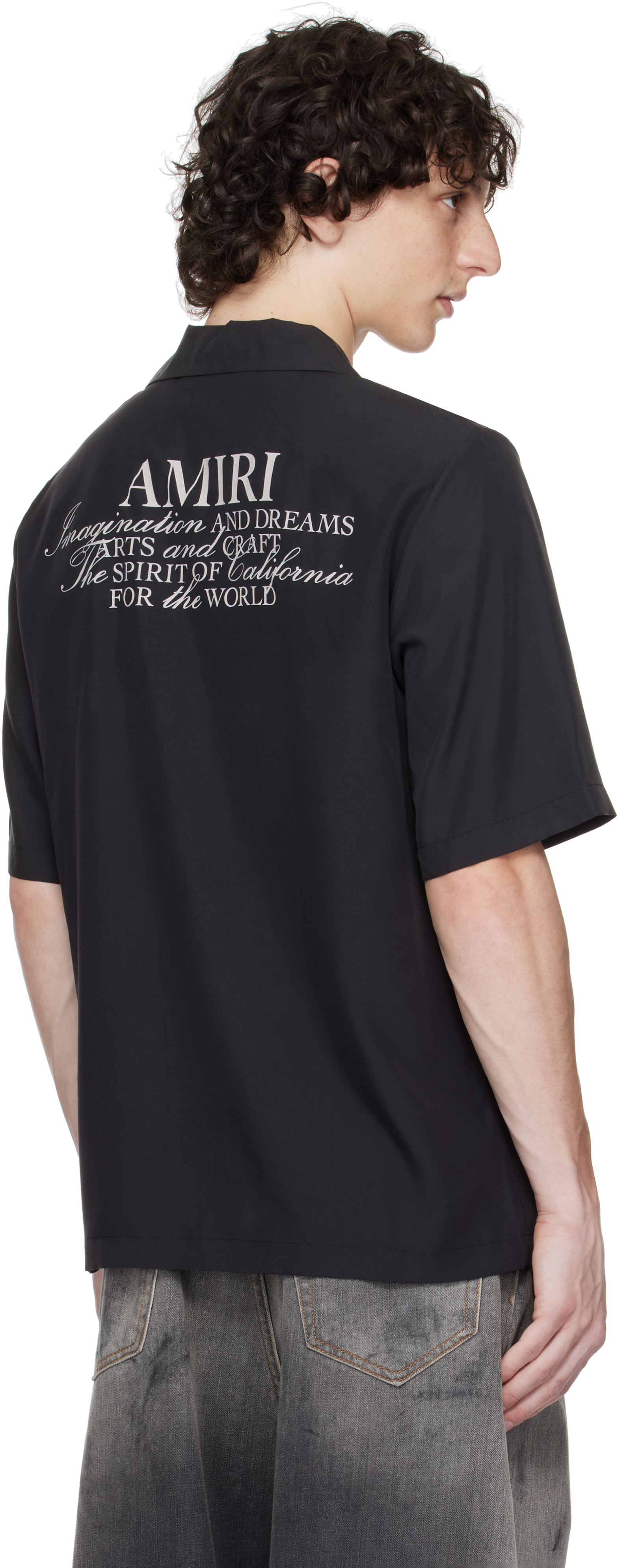 Amiri Mens Black Spirit Logo-patch Woven Bowling Shirt In Black