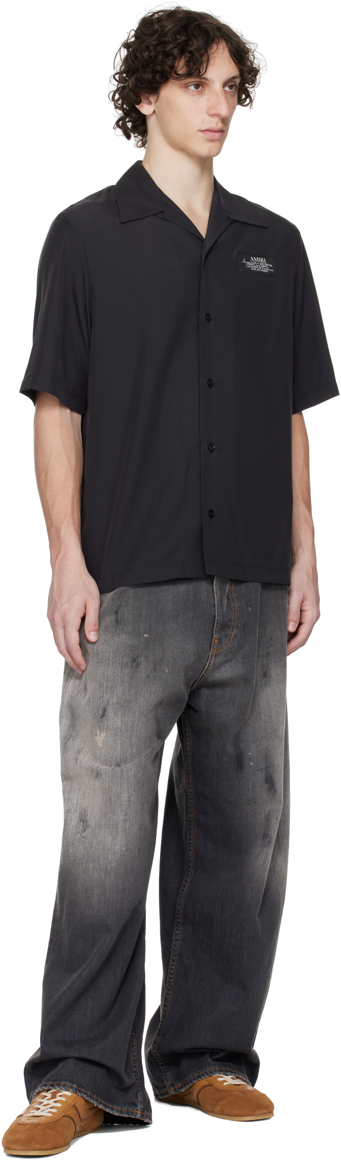 Amiri Mens Black Spirit Logo-patch Woven Bowling Shirt In Black