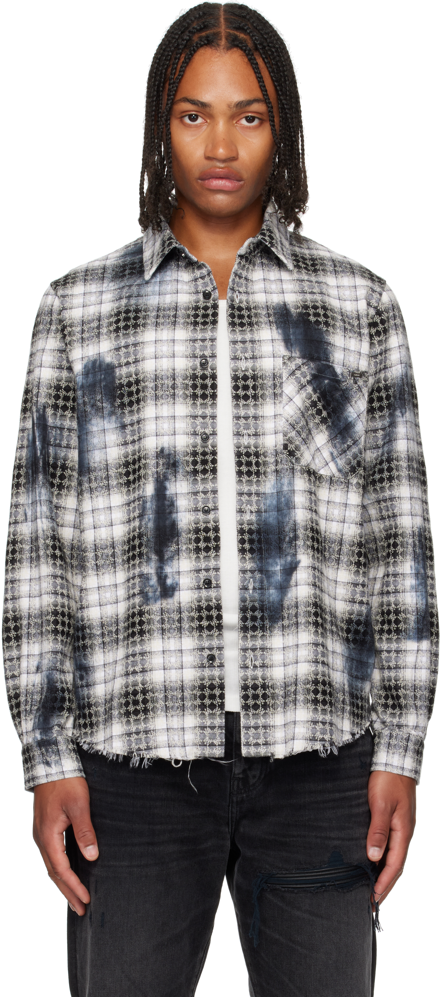 AMIRI MA Quad デニム ベースボールシャツ 人気 AMIRI Ma Quad Bowling Shirt | italist