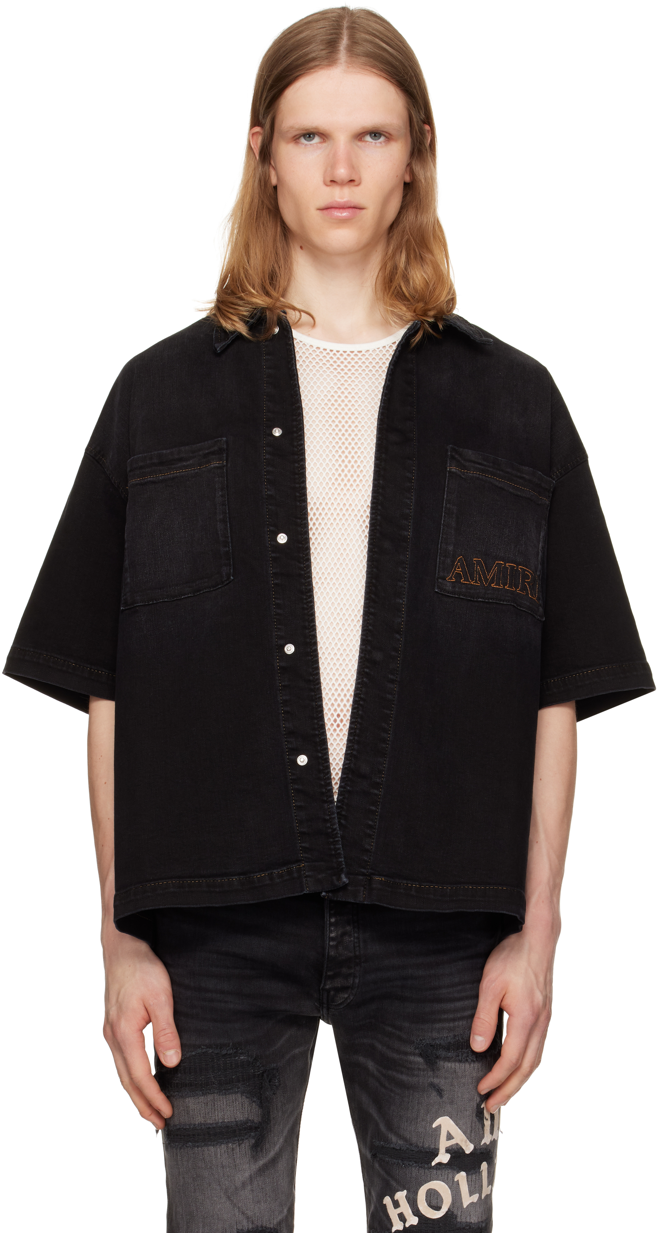 Black 'AMIRI' 3D Short Sleeve Snap Denim Shirt