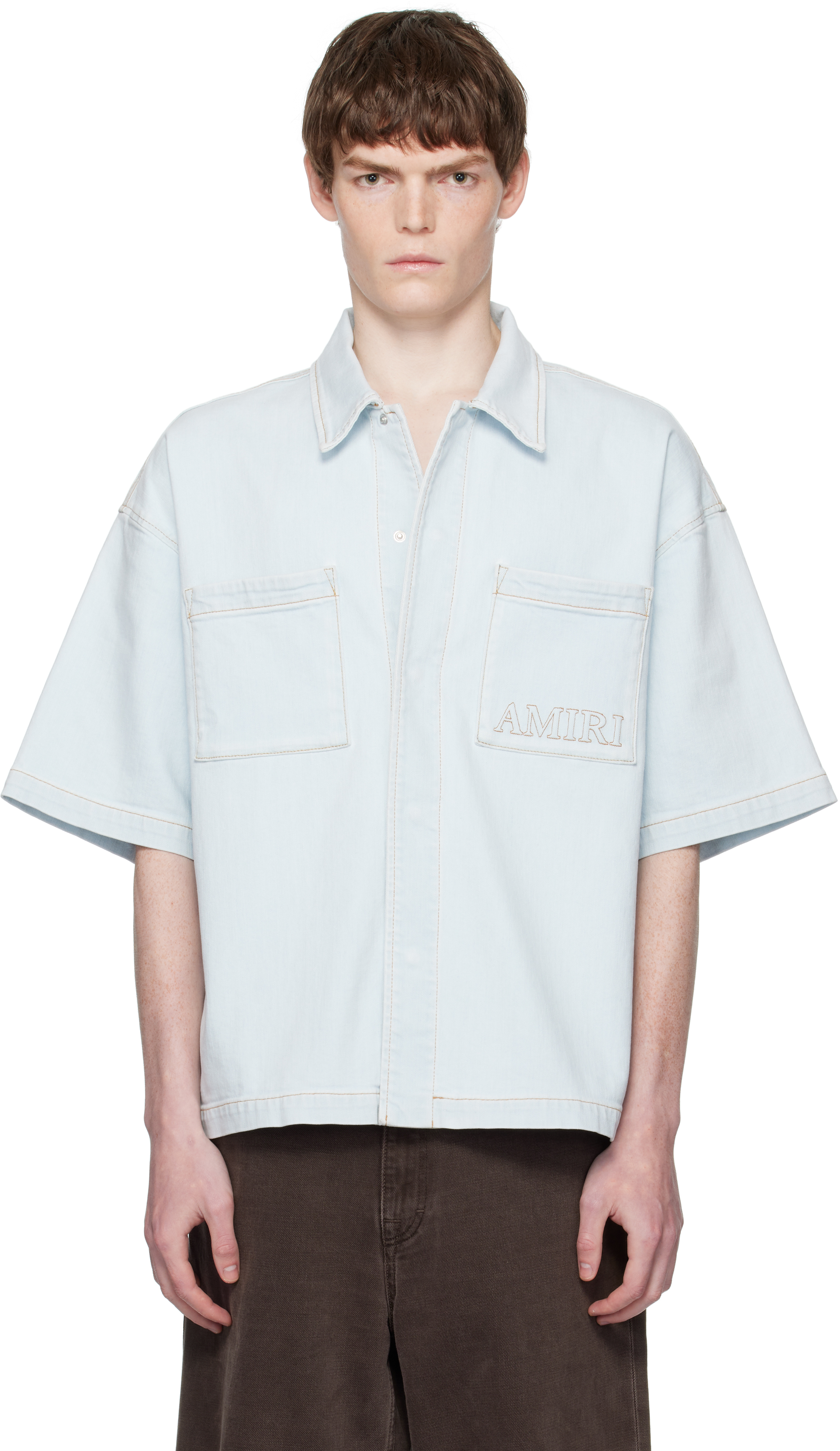 ammri791様 AMIRI: Blue 'AMIRI' 3D Short Sleeve Snap Denim Shirt