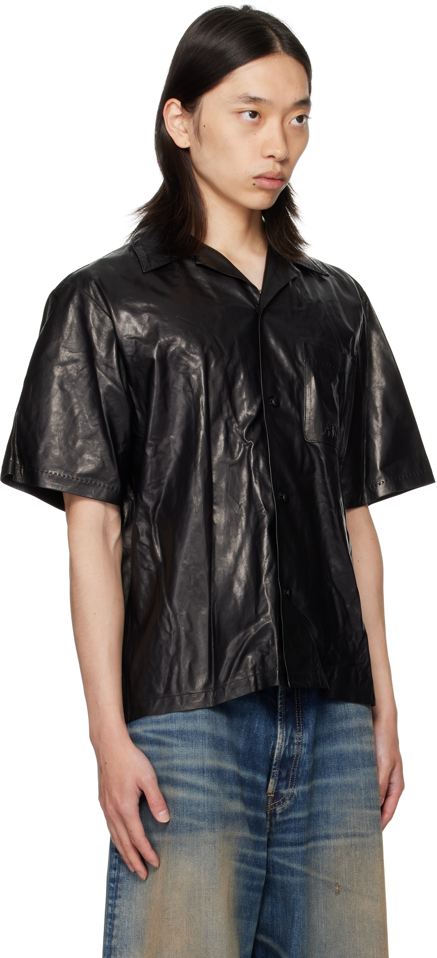 Amiri Short Sleeve Leather Jacket With Chest Pocket In Black