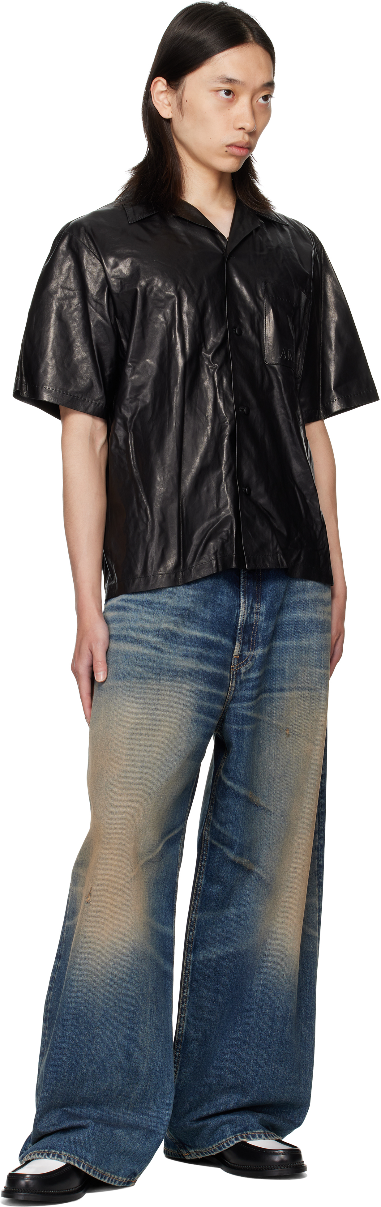 Amiri Short Sleeve Leather Jacket With Chest Pocket In Black