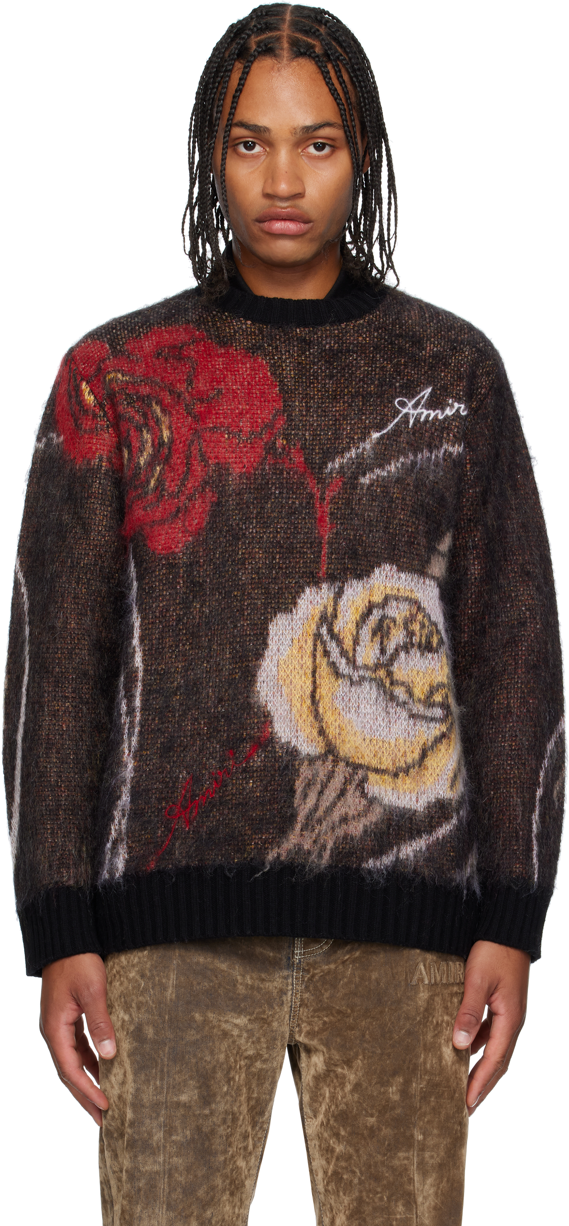 Amiri Multicolor Floral Crewneck Sweater In Black
