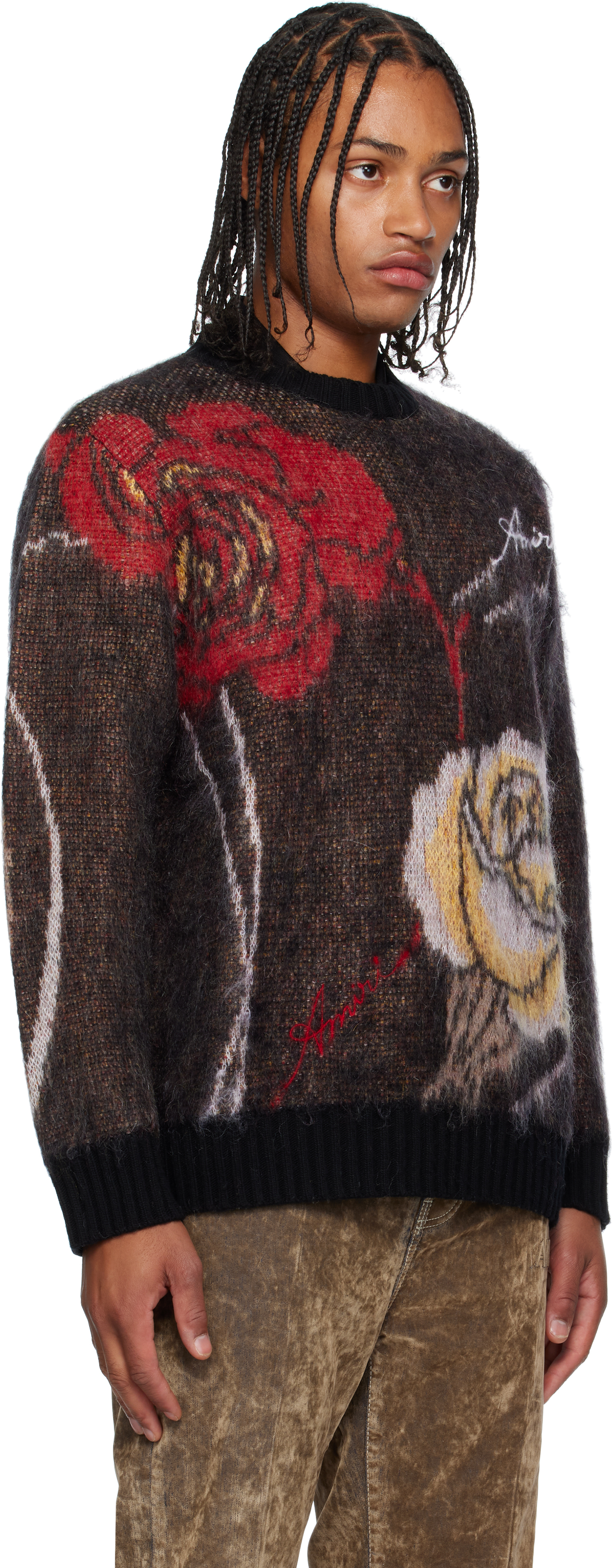 Amiri Multicolor Floral Crewneck Sweater In Black