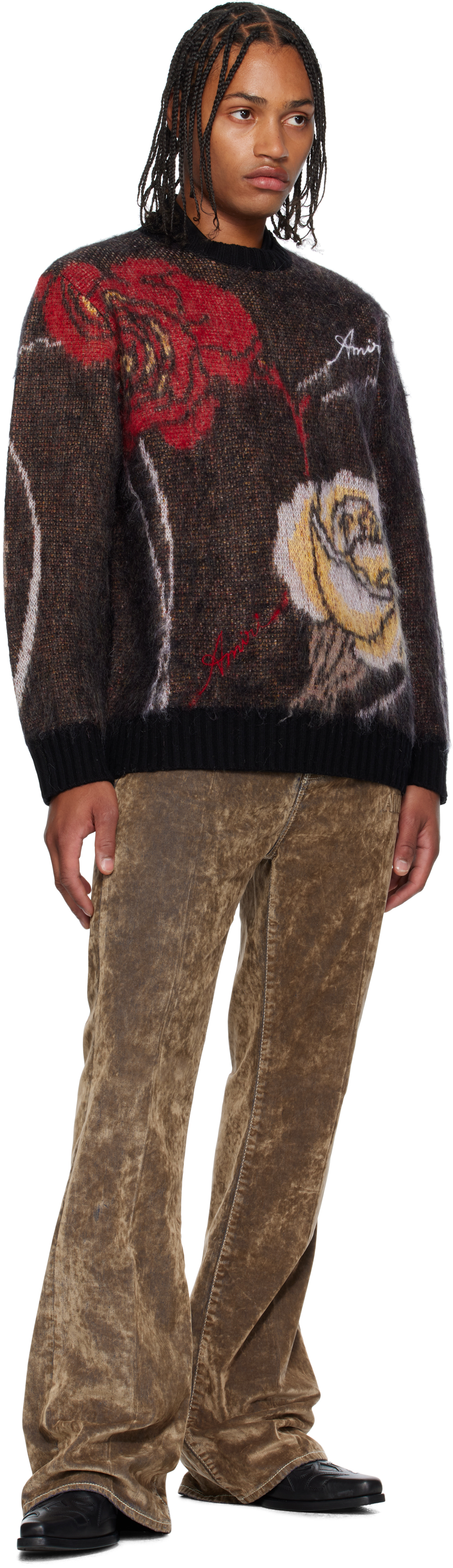 Amiri Multicolor Floral Crewneck Sweater In Black
