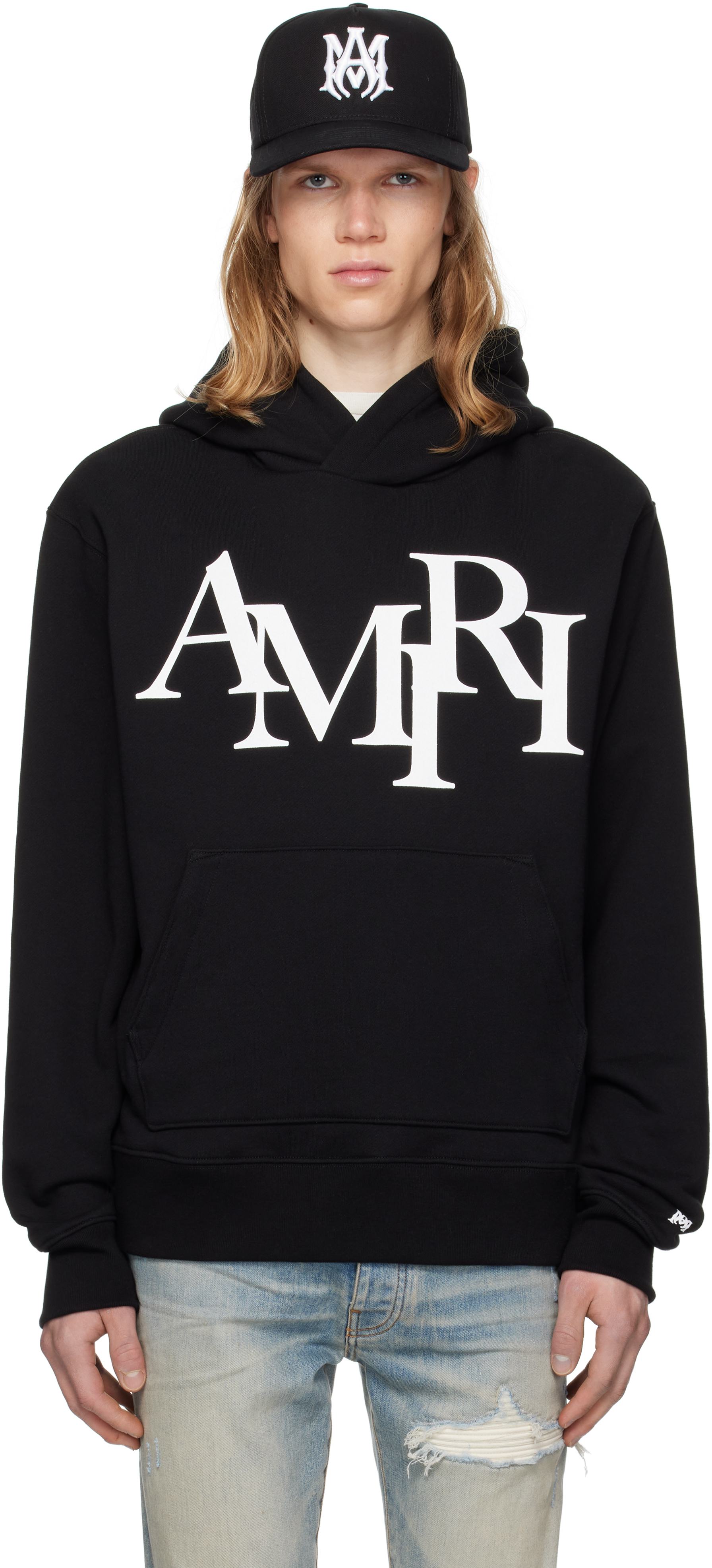 注目商品【AMIRI】STAGGERED パーカー AMIRI: Black 'AMIRI' Staggered Hoodie | SSENSE