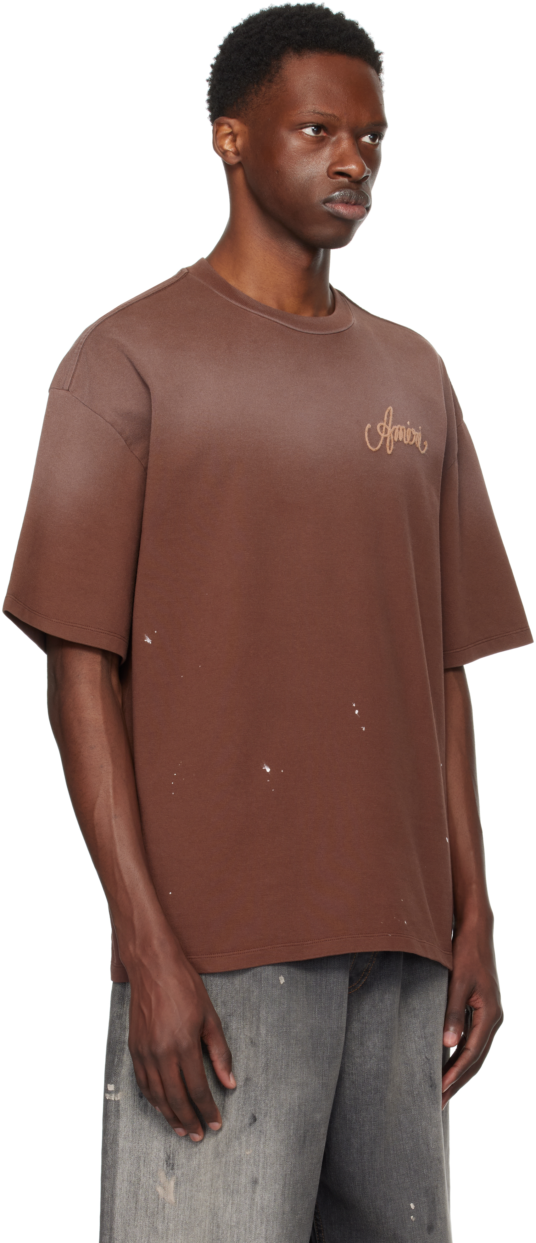 Amiri Mens Walnut Brown Design Studio Embroidered Cotton T-shirt In Brown