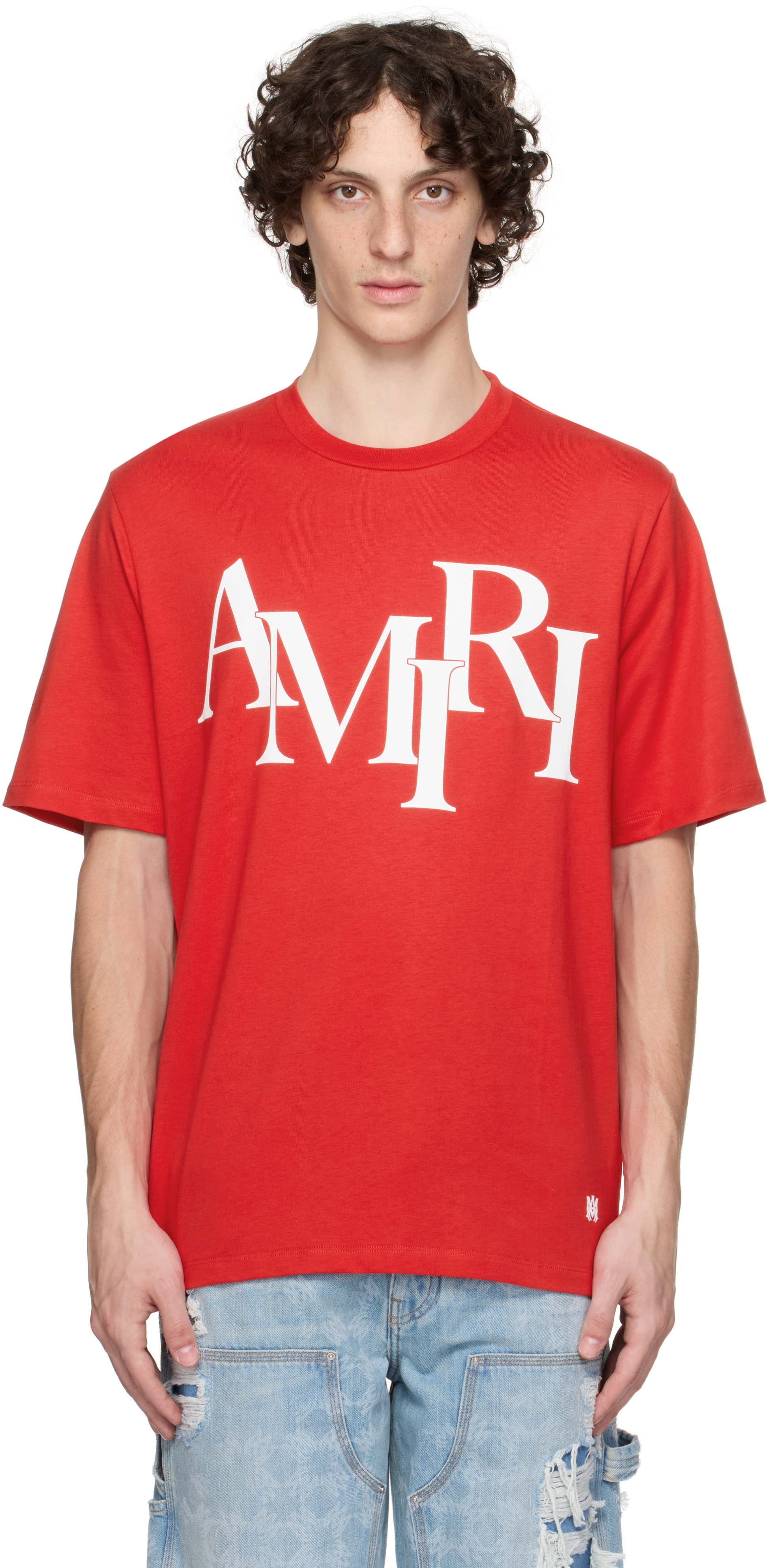 AMIRI: Red 'AMIRI' Staggered Logo T-shirt | SSENSE