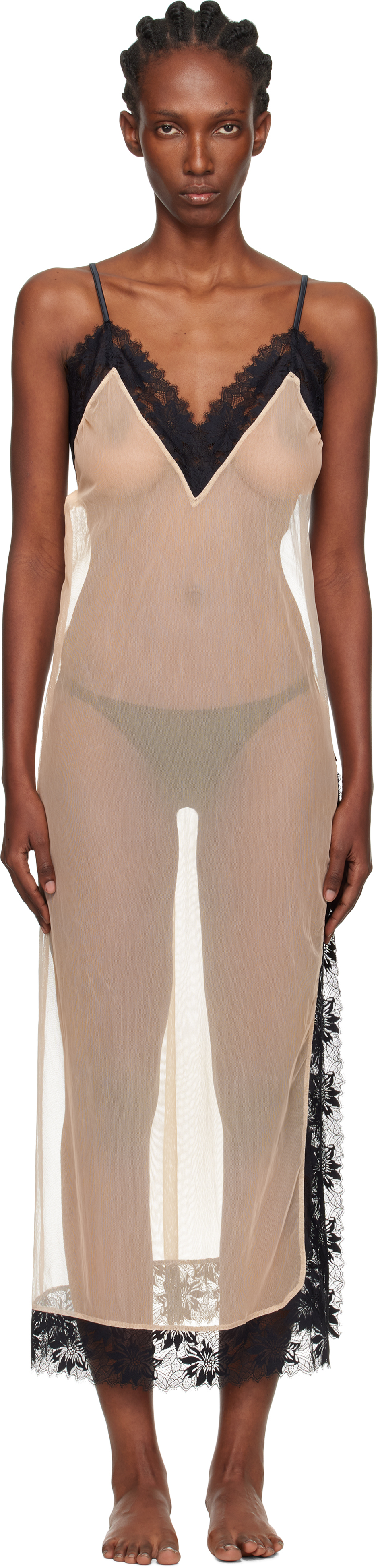 Yasmine Eslami Beige & Black Annabelle Satin Slip Maxi Dress
