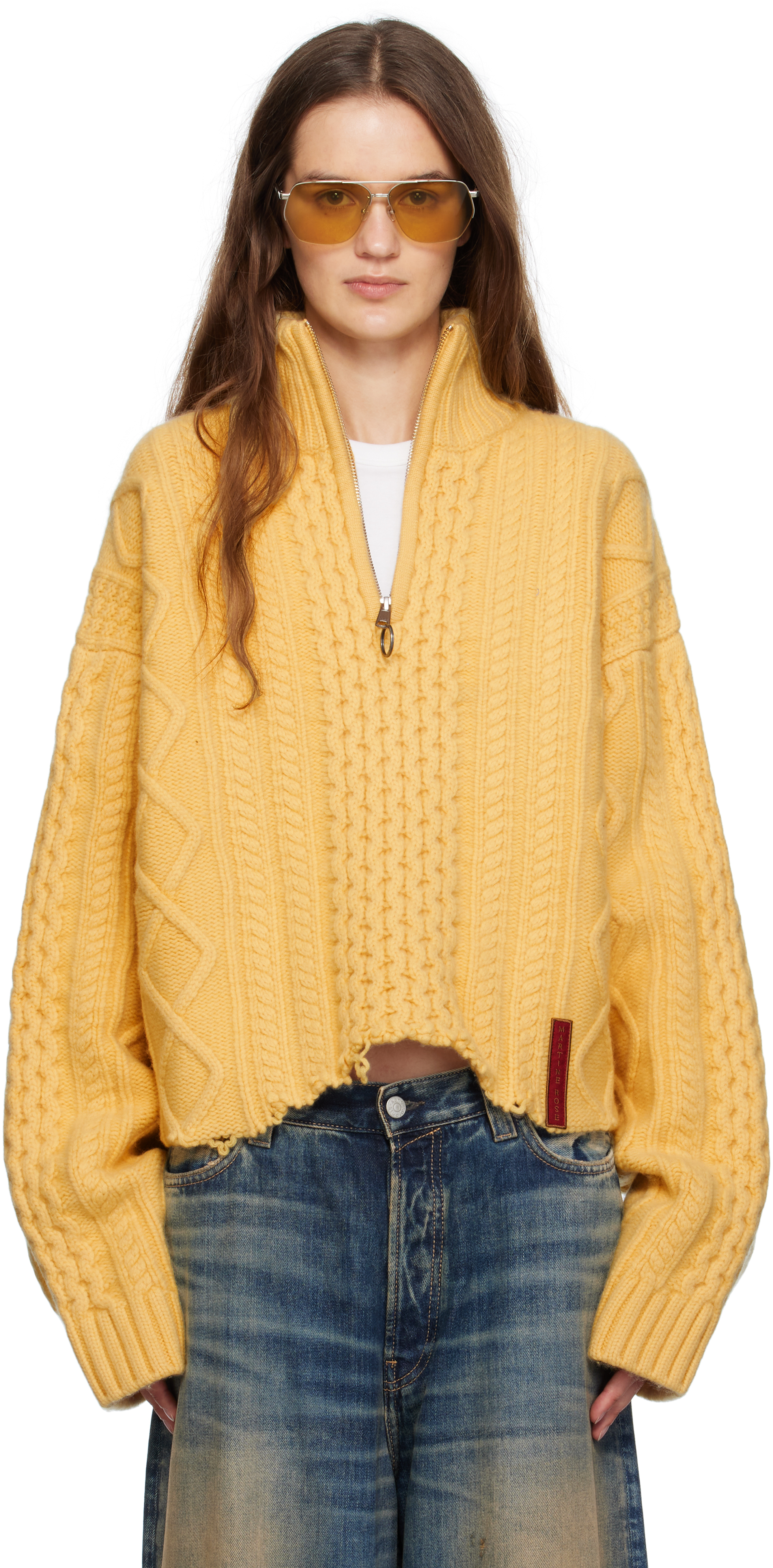 Yellow Cropped Cable Half Zip Sweater by Martine Rose on Sale