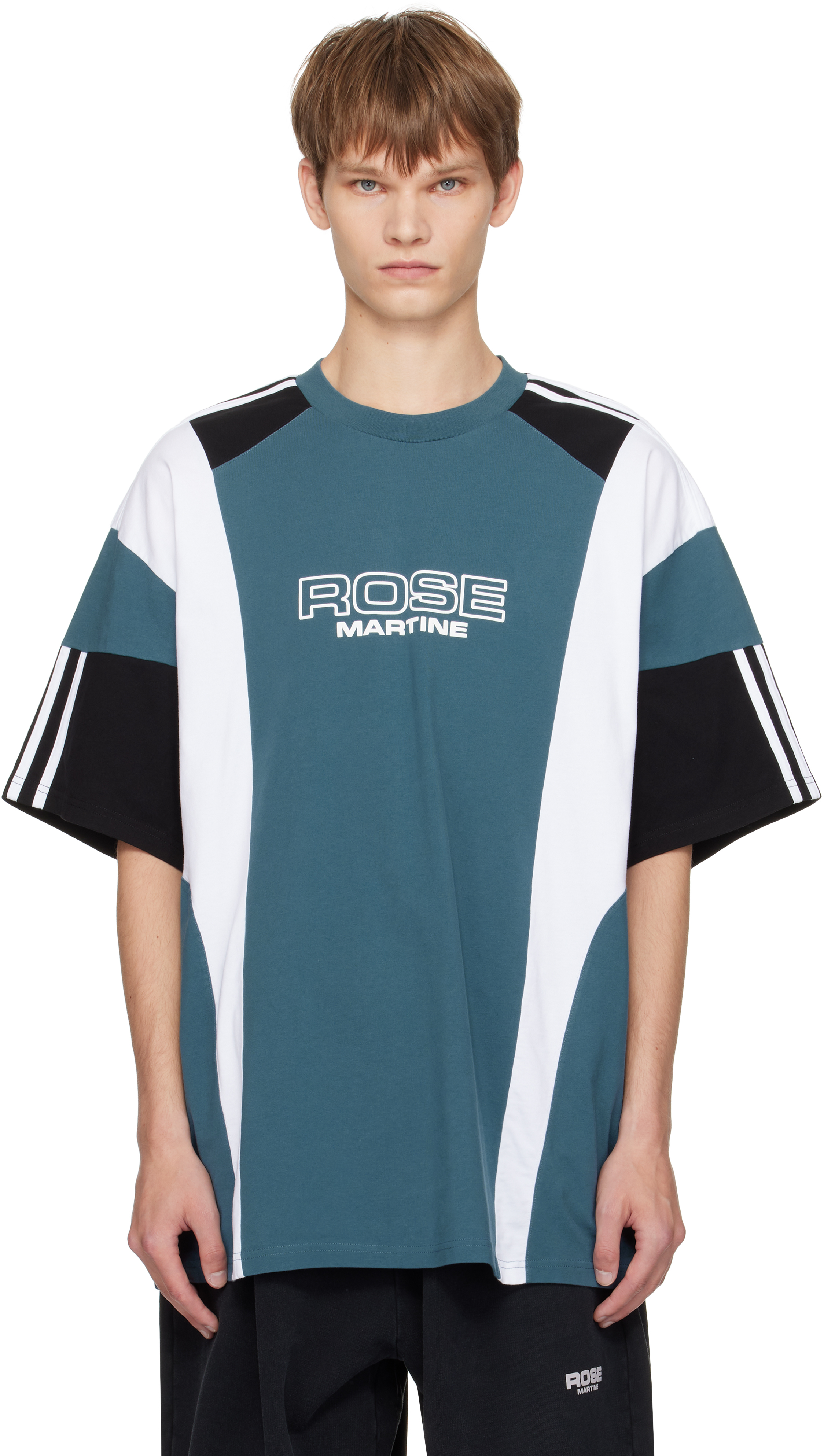 Martine Rose Panelled Short-sleeve Crew Neck T-shirt With Graphic Accents In Blue