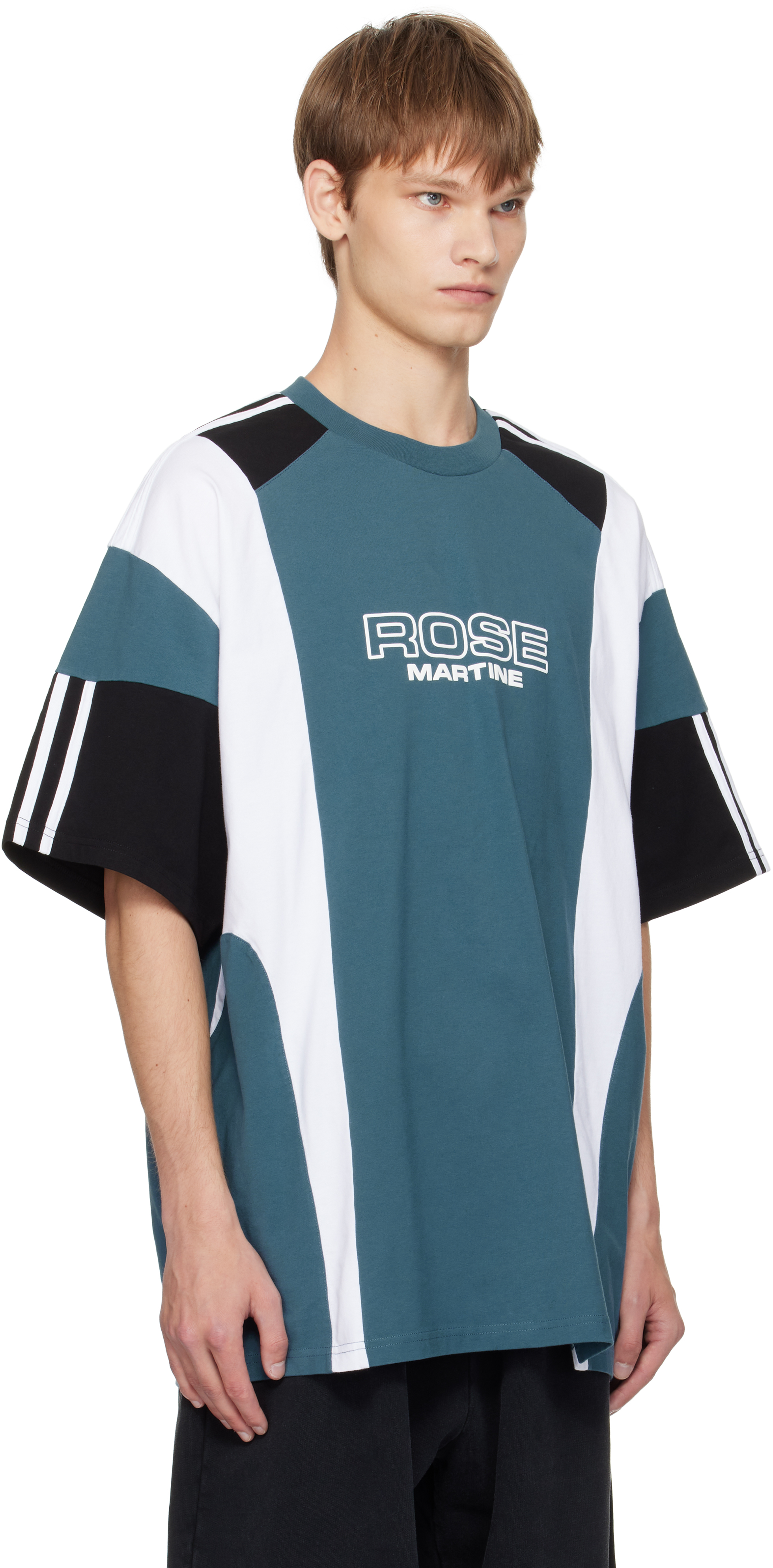 Martine Rose Panelled Short-sleeve Crew Neck T-shirt With Graphic Accents In Blue