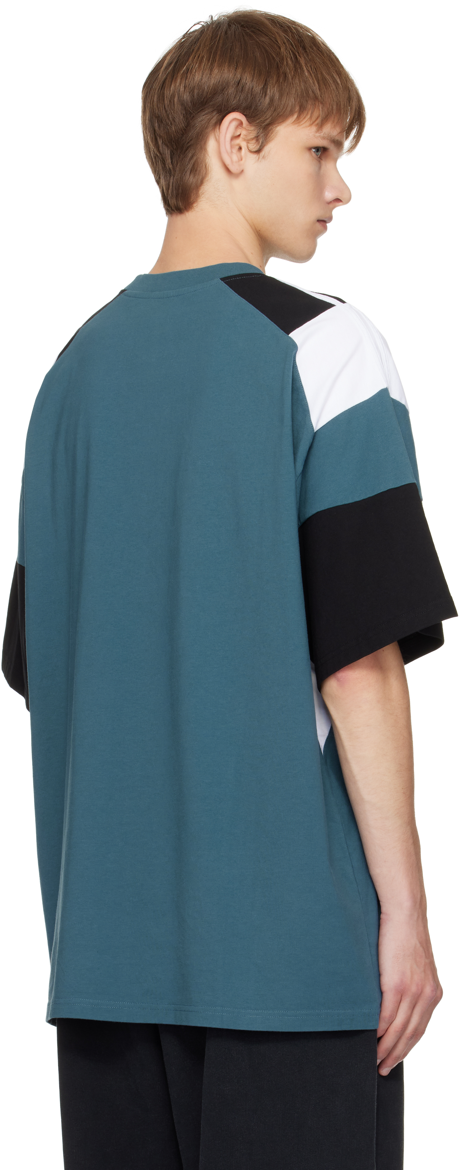 Martine Rose Panelled Short-sleeve Crew Neck T-shirt With Graphic Accents In Blue