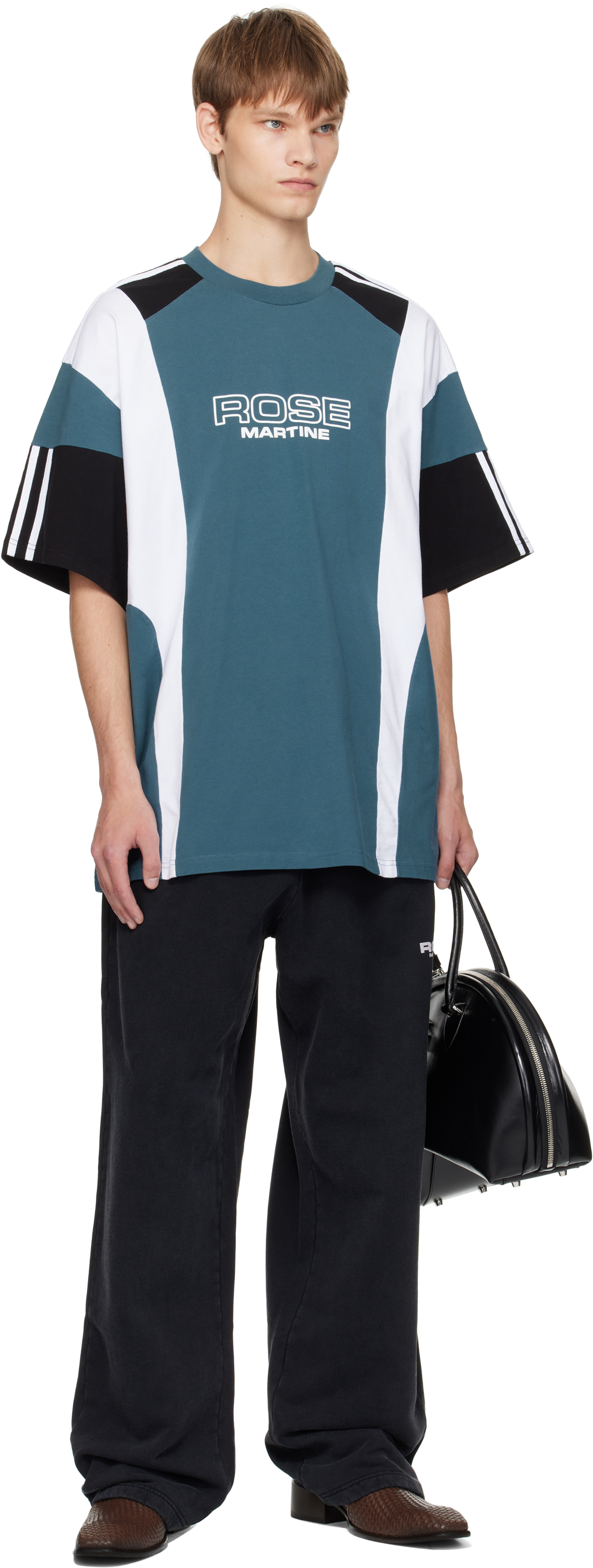 Martine Rose Panelled Short-sleeve Crew Neck T-shirt With Graphic Accents In Blue