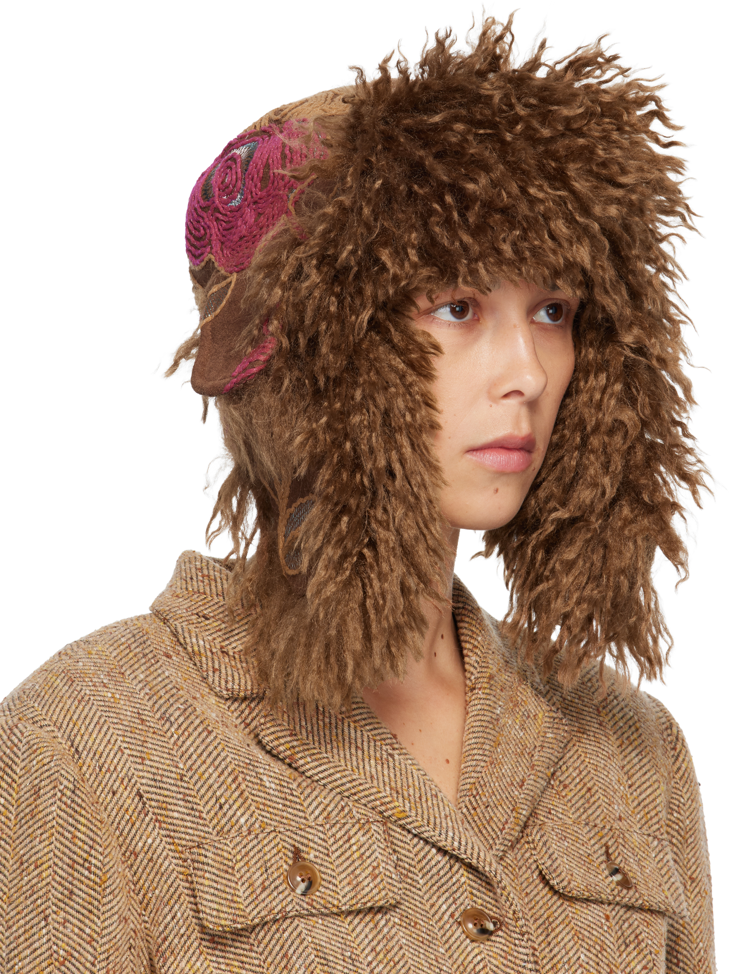 Anna Sui Tan Faux Fur Trim Aviator Hat