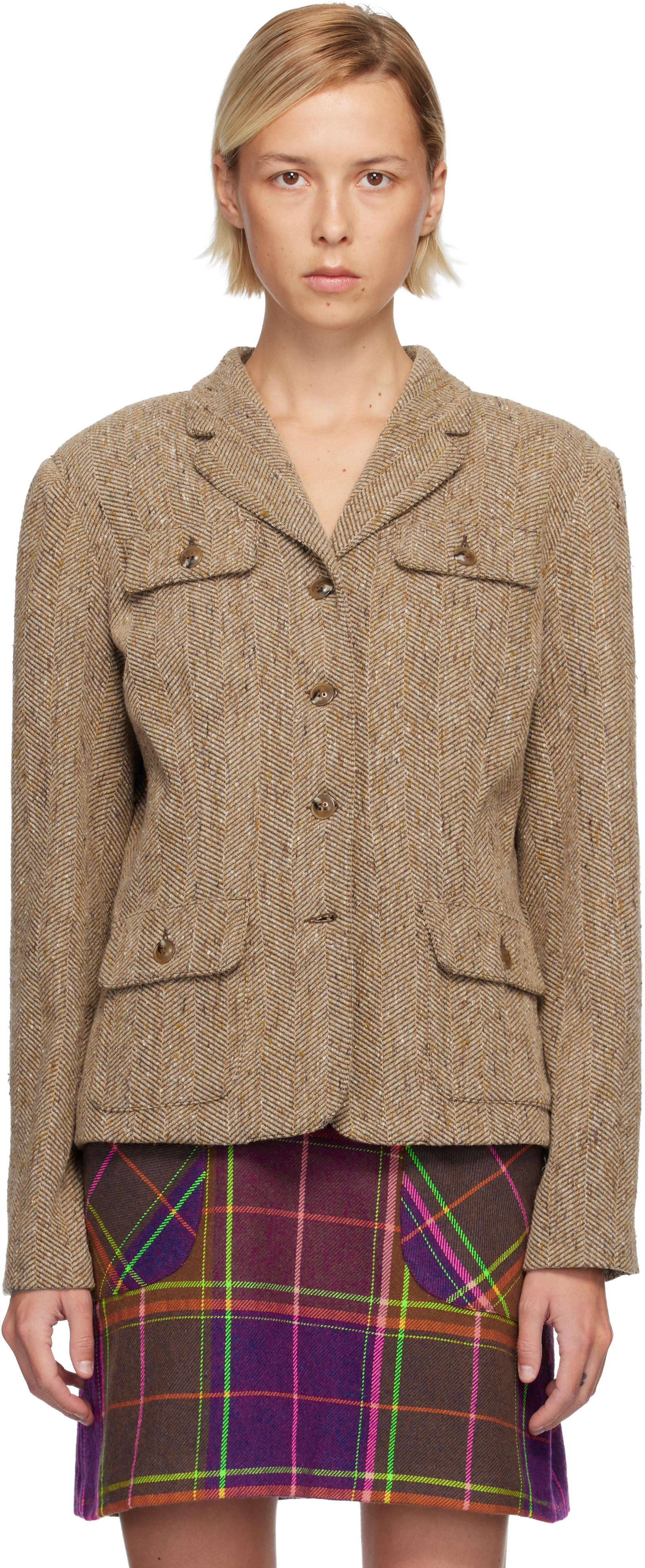 Anna Sui Beige Herringbone Blazer In Brown