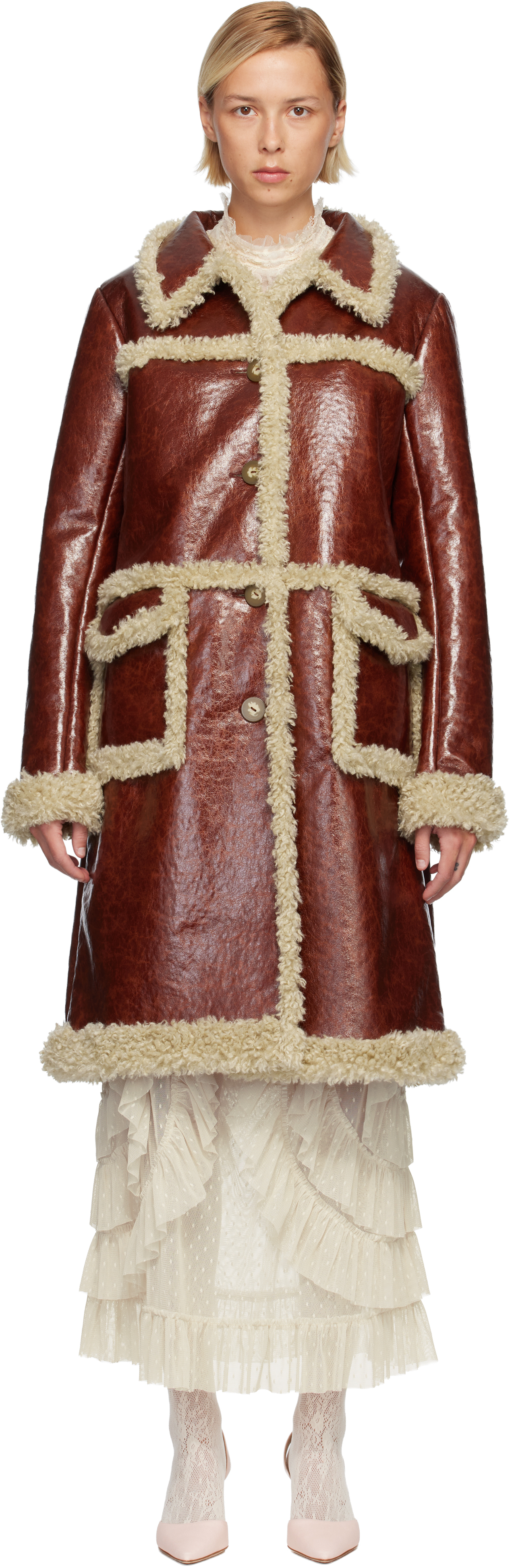 Anna Sui Brown Curly Lamb Trim Faux-leather Coat In Red