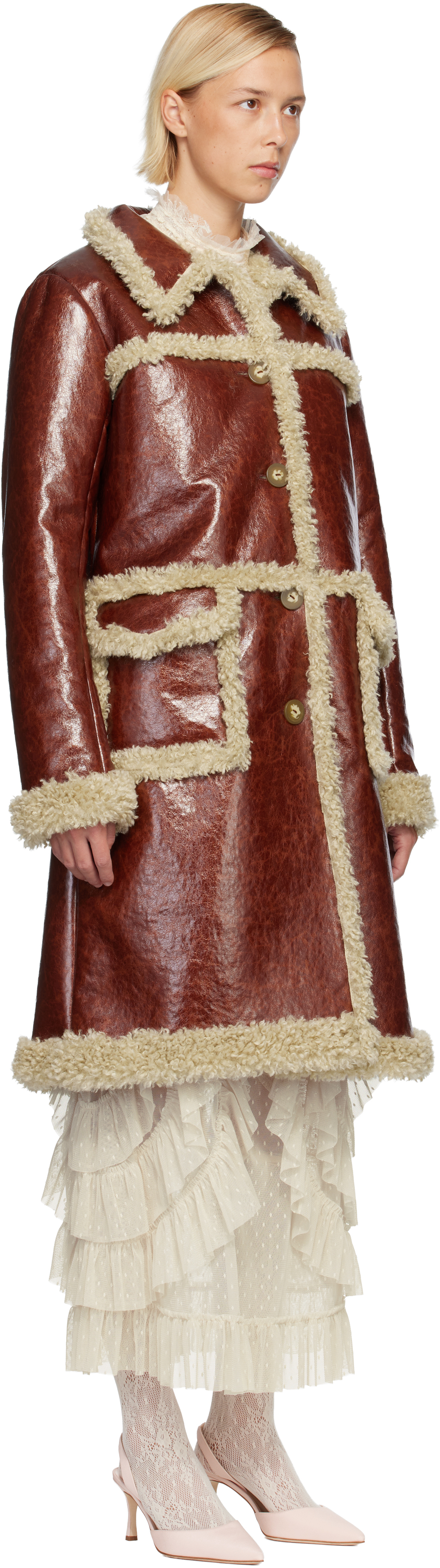 Anna Sui Brown Curly Lamb Trim Faux-leather Coat In Red