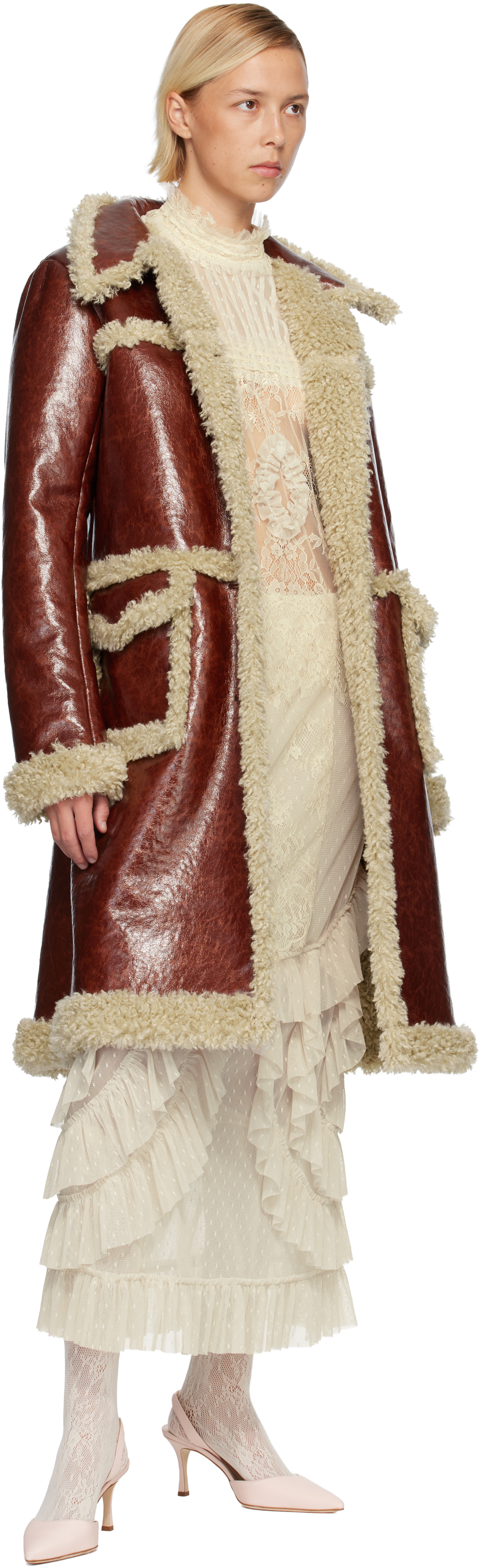Anna Sui Brown Curly Lamb Trim Faux-leather Coat In Red