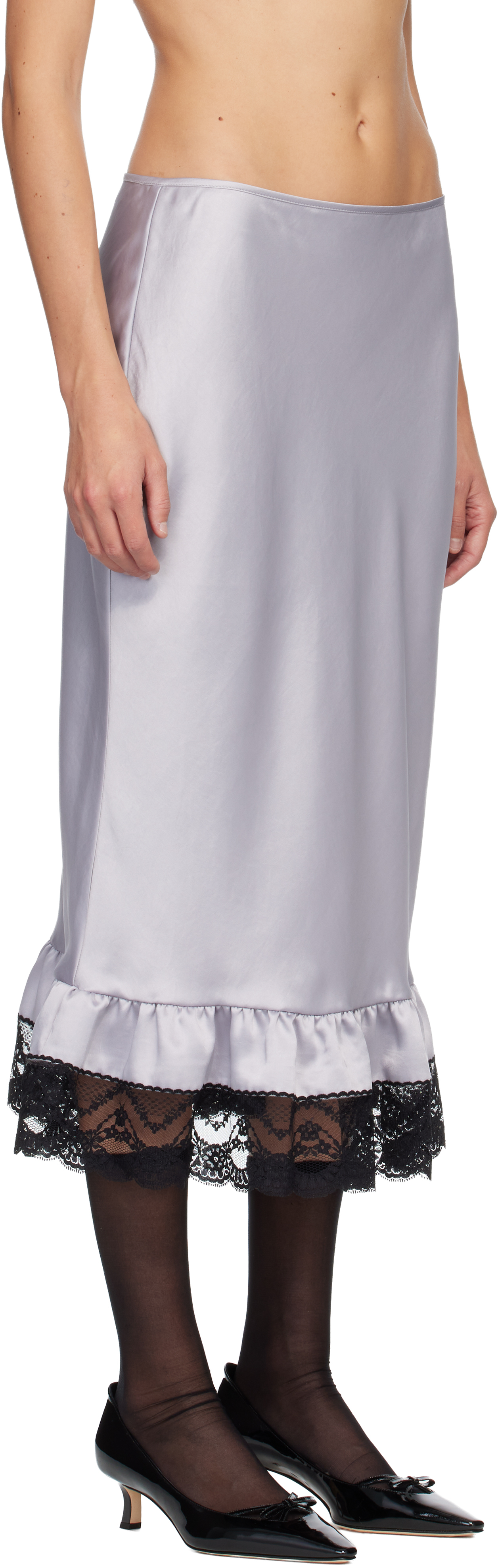 Anna Sui Silver Boudoir Satin Lace Midi Skirt In Multi