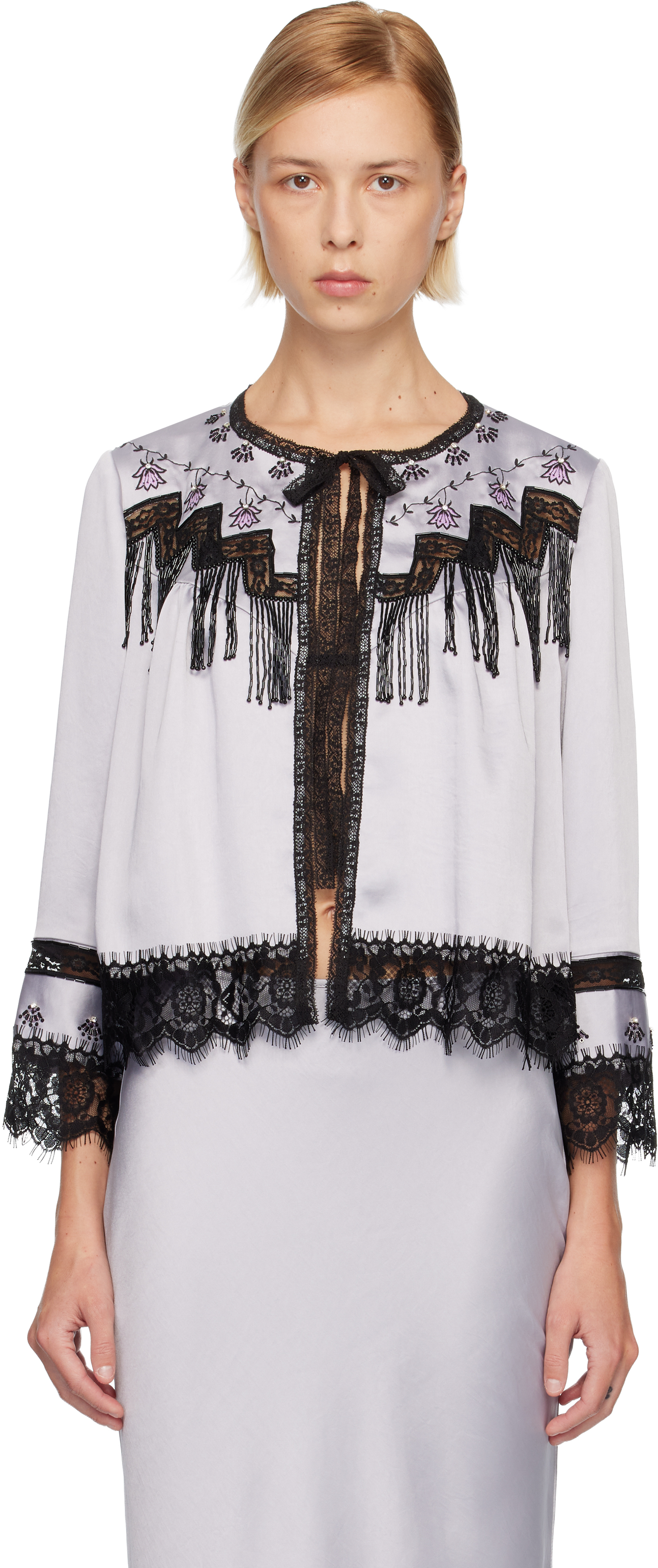 Anna Sui Silver Boudoir Satin Beaded Fringe Bed Cardigan In Multi